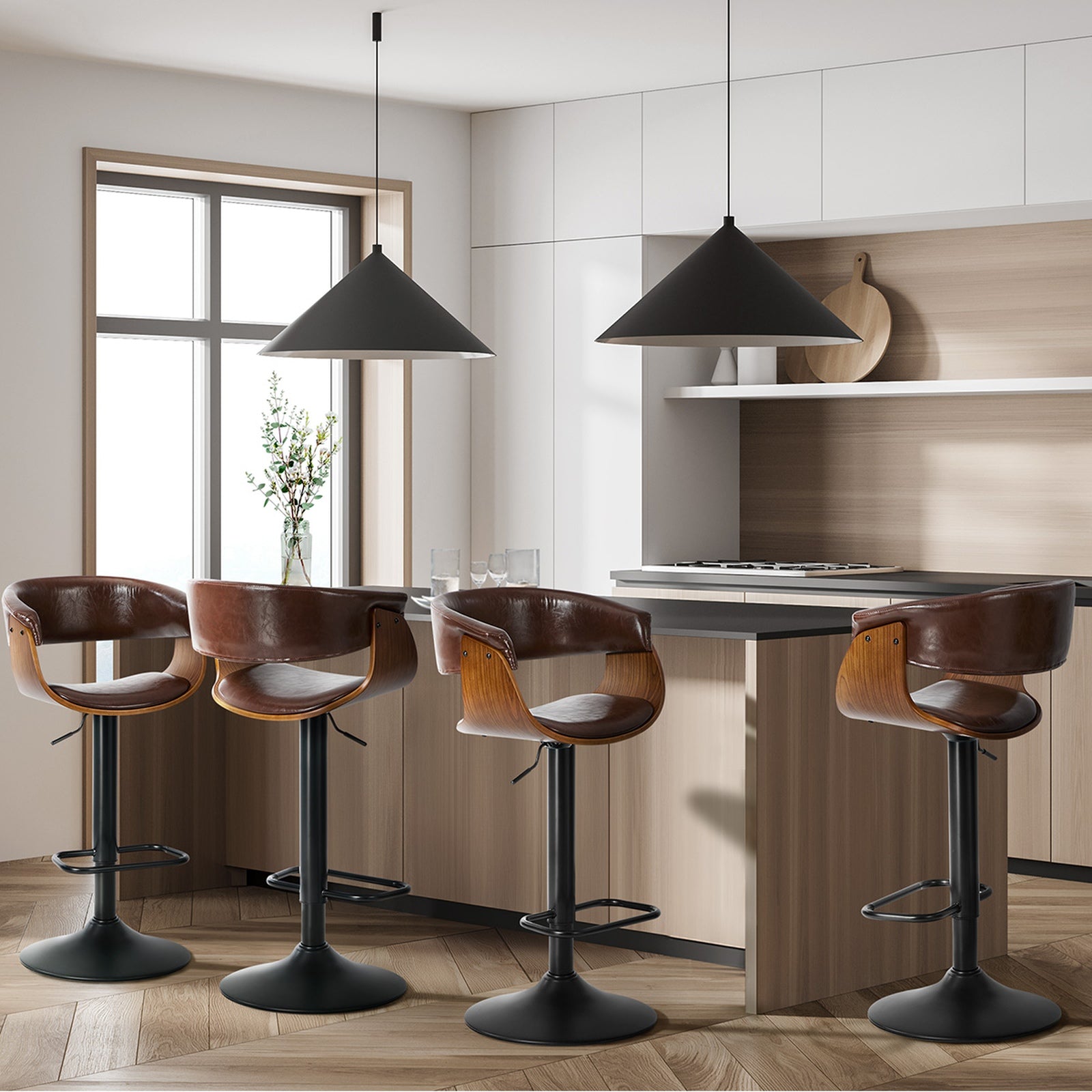 Oikiture 4x Bar Stools Gas Lift Counter Stool Armrest Leather Brown