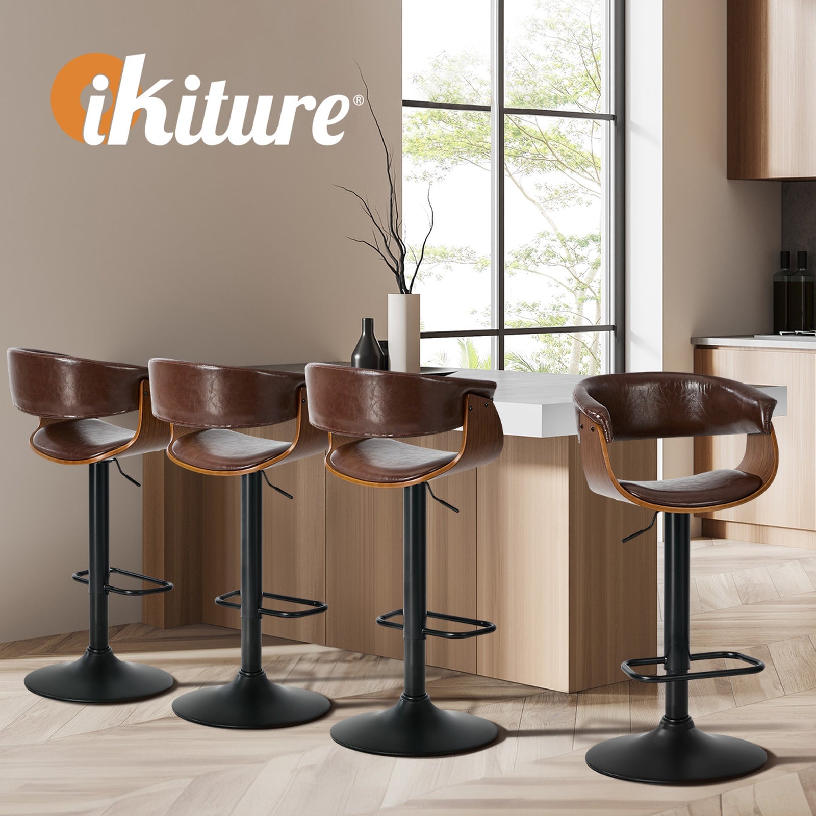 Oikiture 4x Bar Stools Gas Lift Counter Stool Armrest Leather Brown