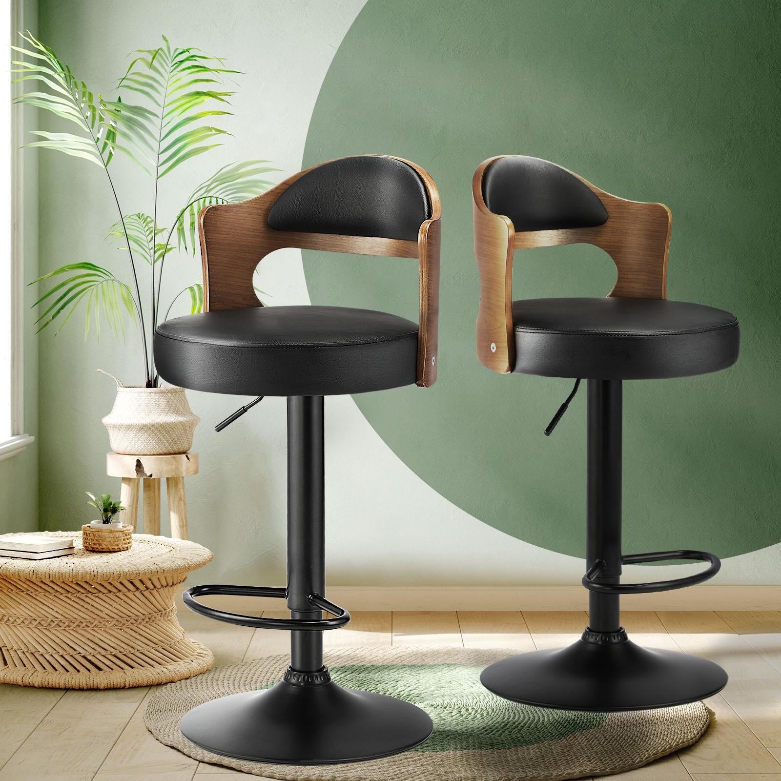 Oikiture Bar Stools Kitchen Swivel Barstool Chair Gas Lift Metal Leather x2 - Sunyee