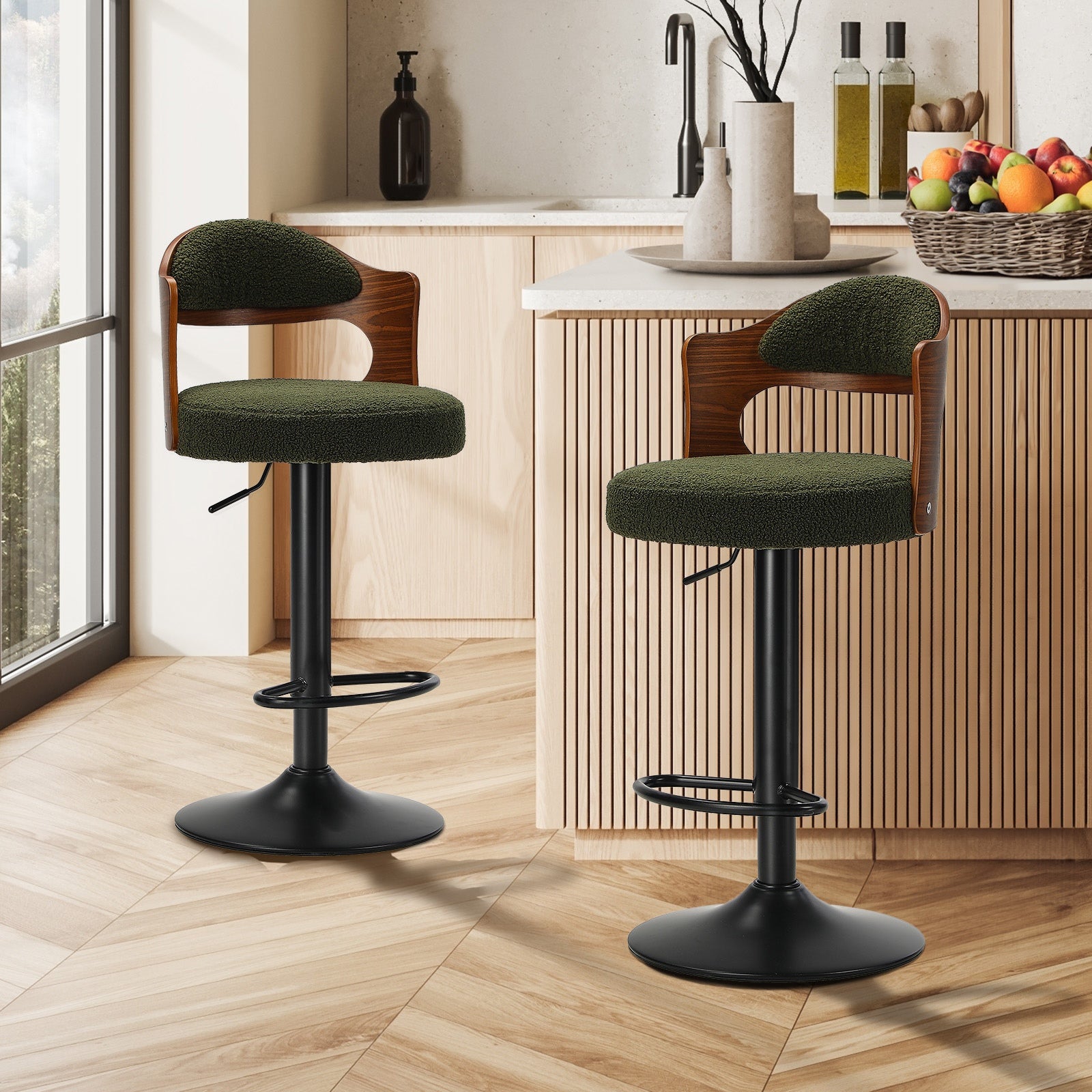 Oikiture 2x Bar Stools Swivel Kitchen Bar Chairs Gas Lift Stools Green Boucle - Sunyee