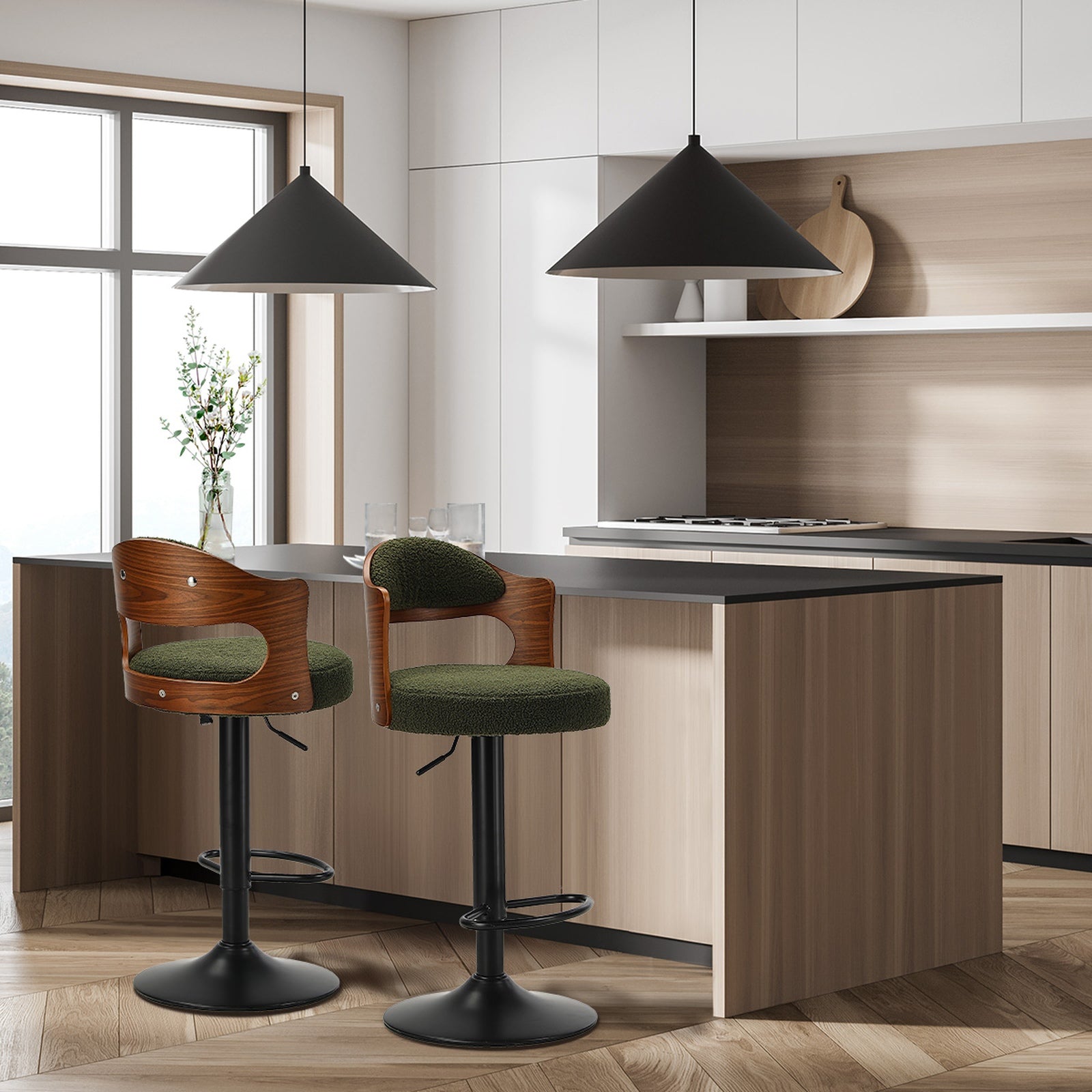 Oikiture 2x Bar Stools Swivel Kitchen Bar Chairs Gas Lift Stools Green Boucle - Sunyee