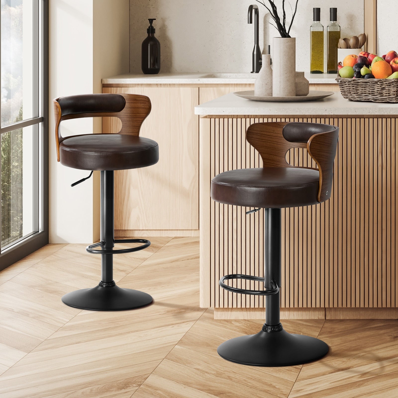 Oikiture 2x Bar Stools Kitchen Gas Lift Swivel Chairs Stool Wooden Leather Brown