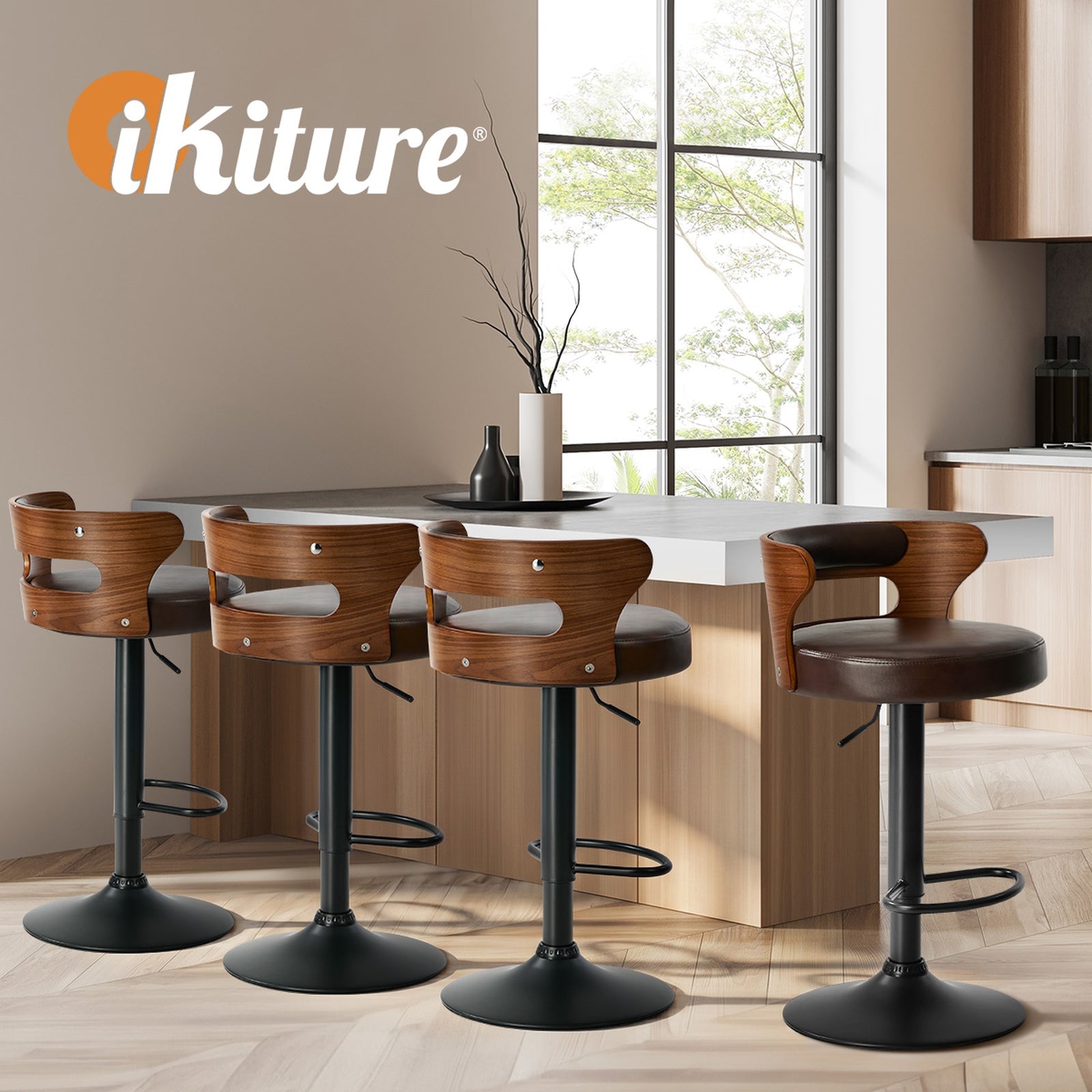 Oikiture 2x Bar Stools Kitchen Gas Lift Swivel Chairs Stool Wooden Leather Brown