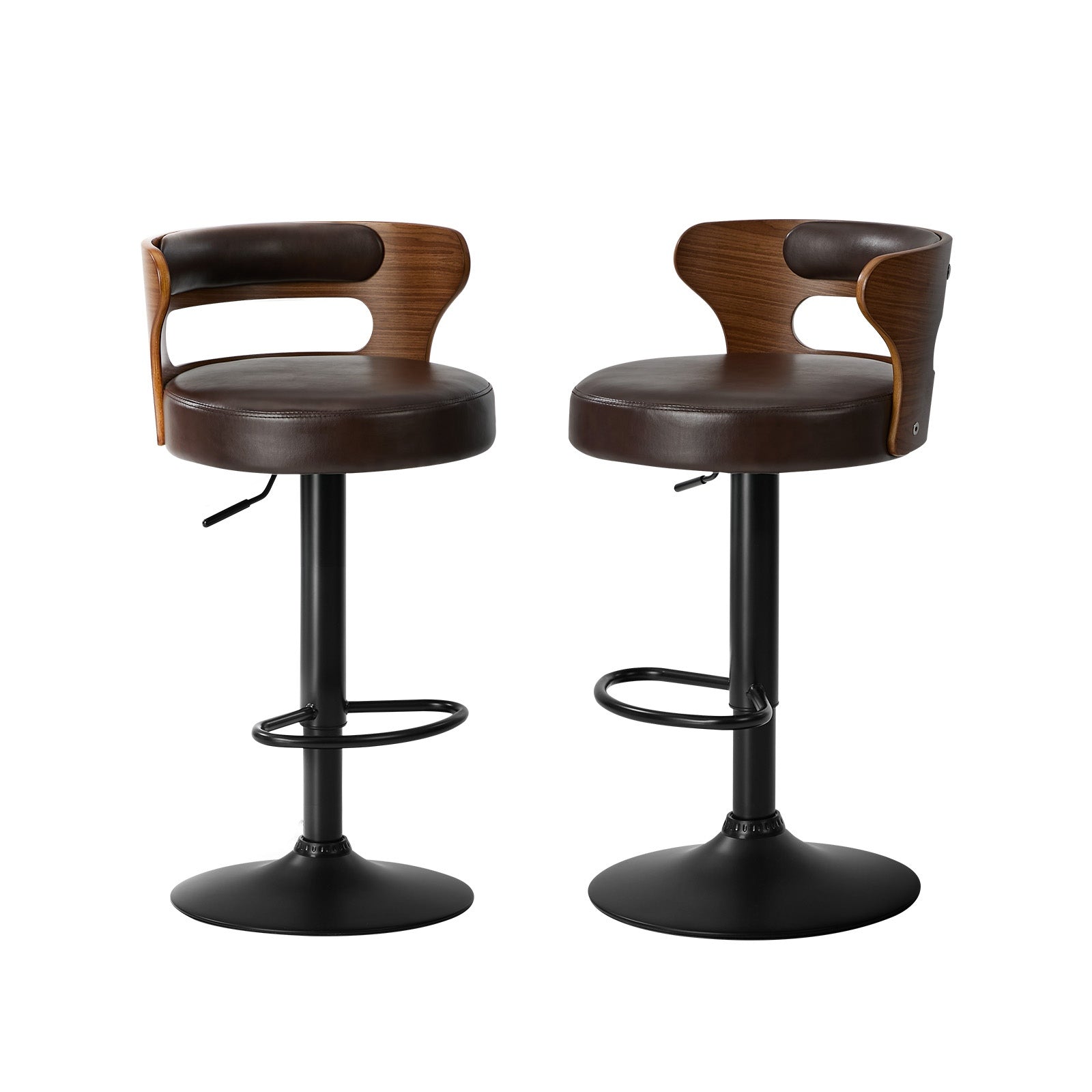 Oikiture 2x Bar Stools Kitchen Gas Lift Swivel Chairs Stool Wooden Leather Brown