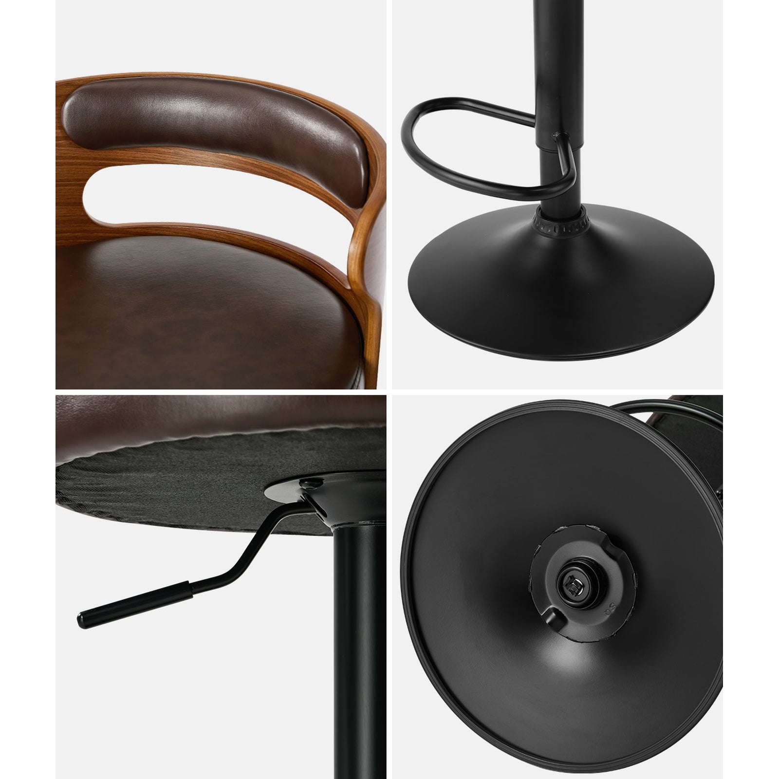 Oikiture 4x Bar Stools Kitchen Gas Lift Swivel Chairs Stool Wooden Leather Brown