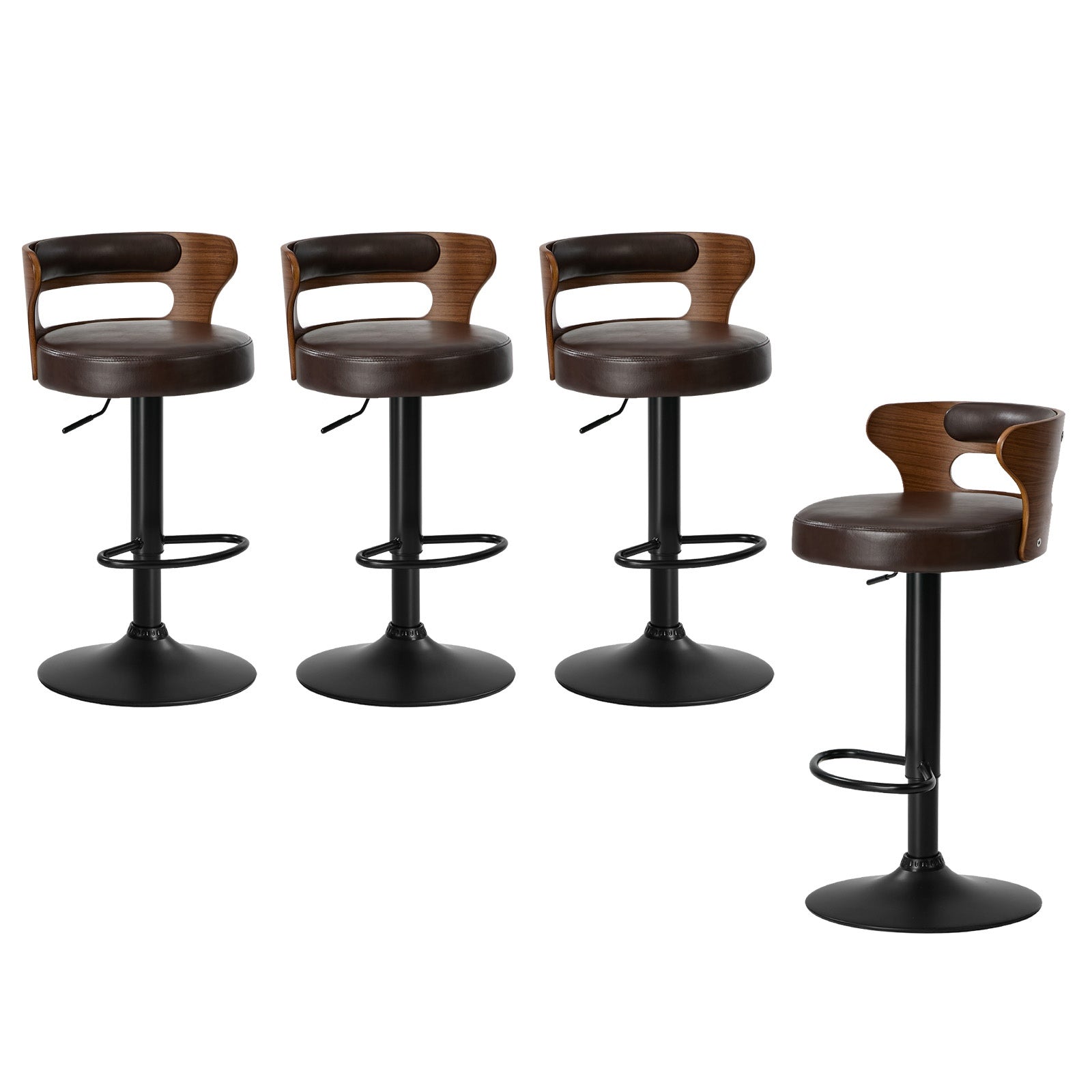 Oikiture 4x Bar Stools Kitchen Gas Lift Swivel Chairs Stool Wooden Leather Brown