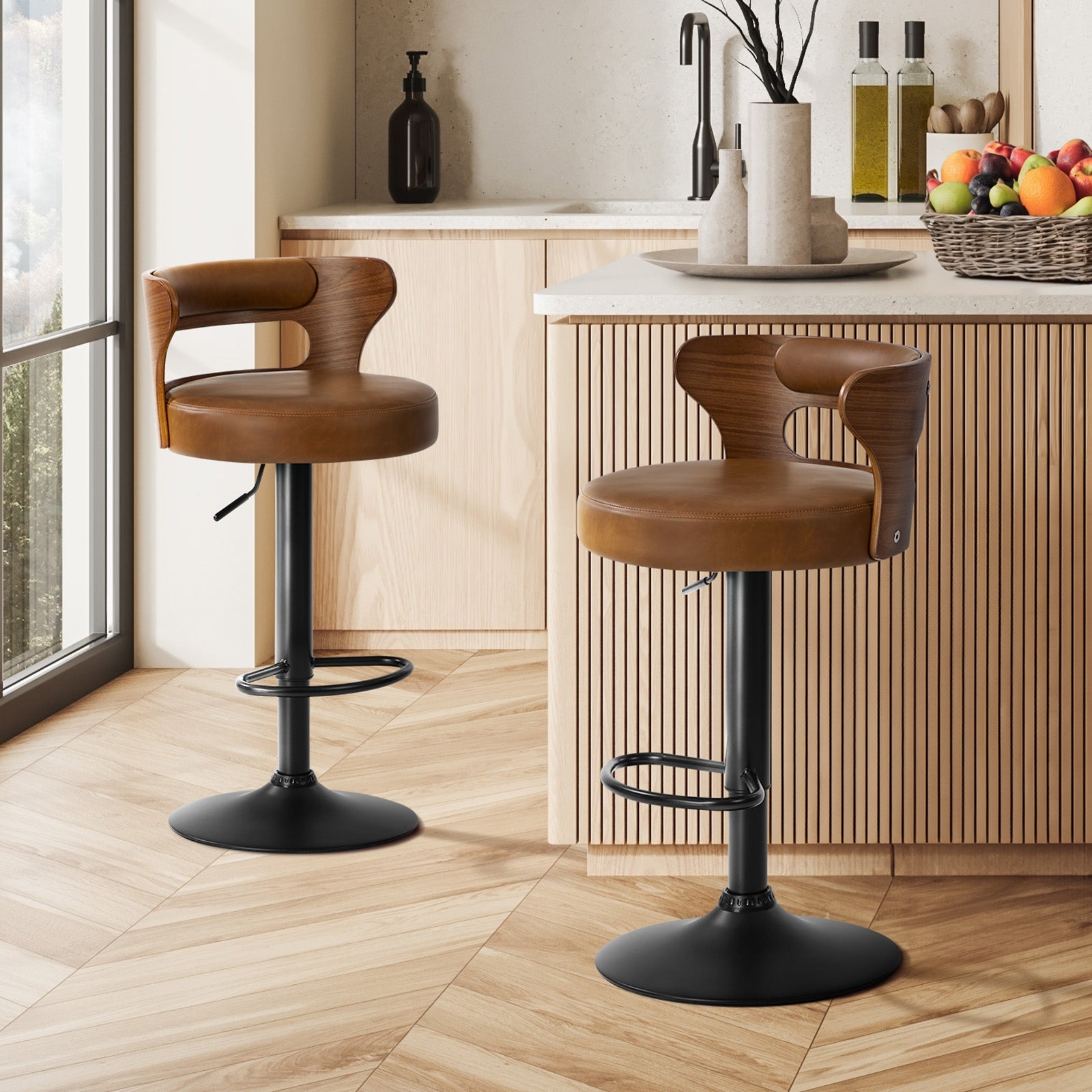 Oikiture 2x Bar Stools Kitchen Gas Lift Swivel Chairs Stool Wooden Leather Camel