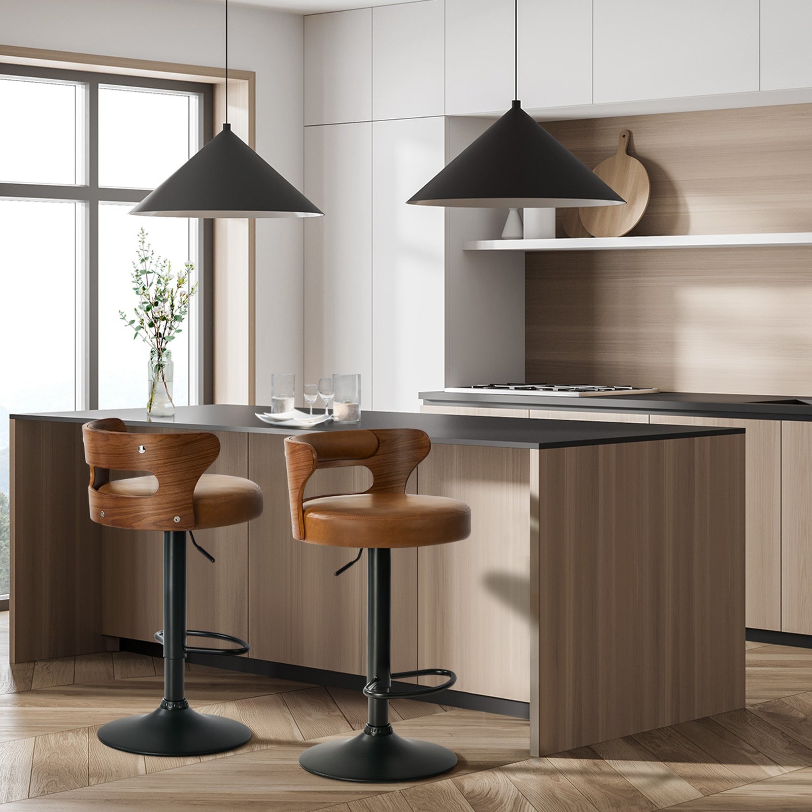 Oikiture 2x Bar Stools Kitchen Gas Lift Swivel Chairs Stool Wooden Leather Camel