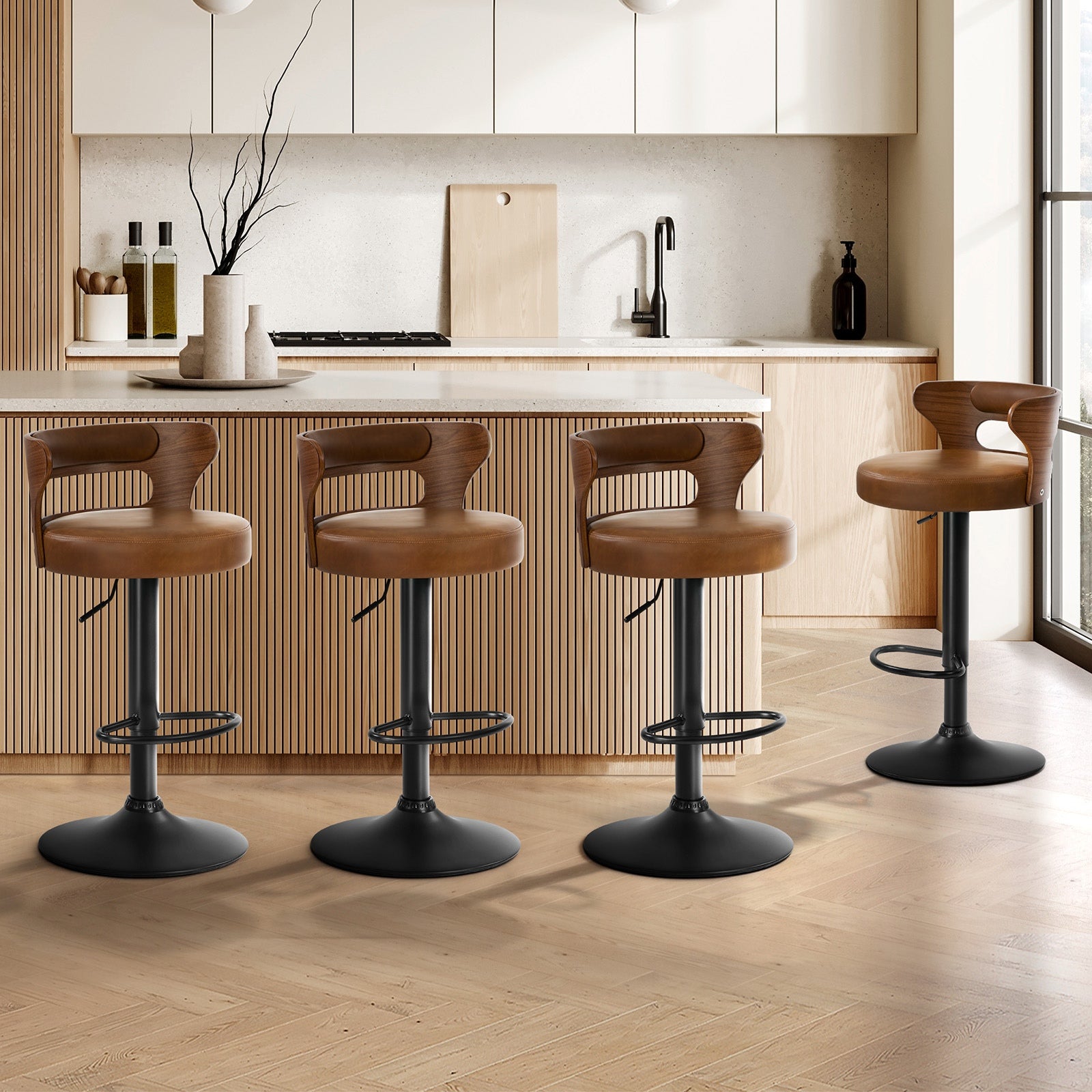 Oikiture 4x Bar Stools Kitchen Gas Lift Swivel Chairs Stool Wooden Leather Camel