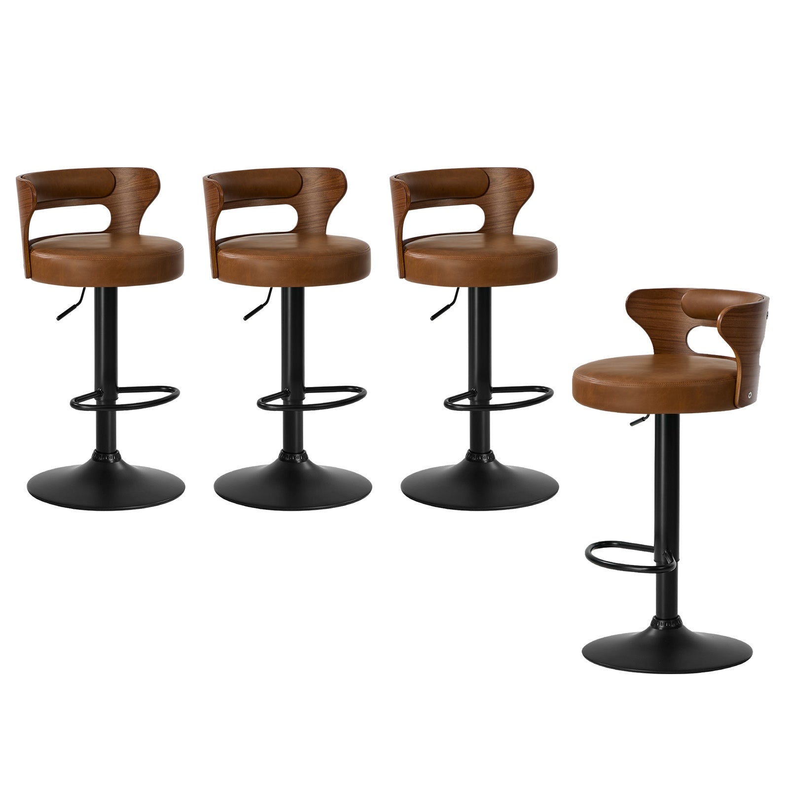 Oikiture 4x Bar Stools Kitchen Gas Lift Swivel Chairs Stool Wooden Leather Camel