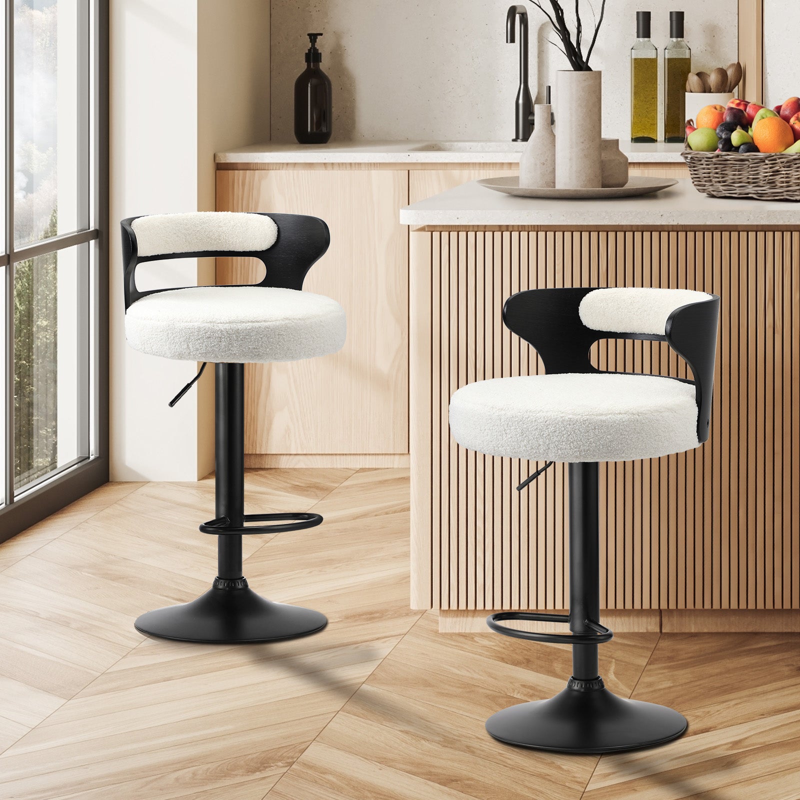 Oikiture 2x Bar Stools Kitchen Gas Lift Swivel Chairs Stool Wooden Boucle White - Sunyee