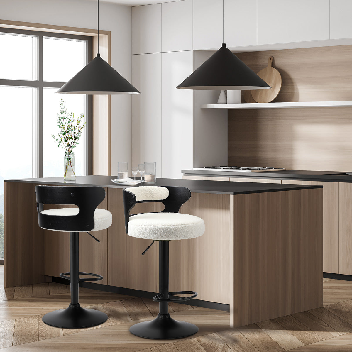Oikiture 2x Bar Stools Kitchen Gas Lift Swivel Chairs Stool Wooden Boucle White - Sunyee
