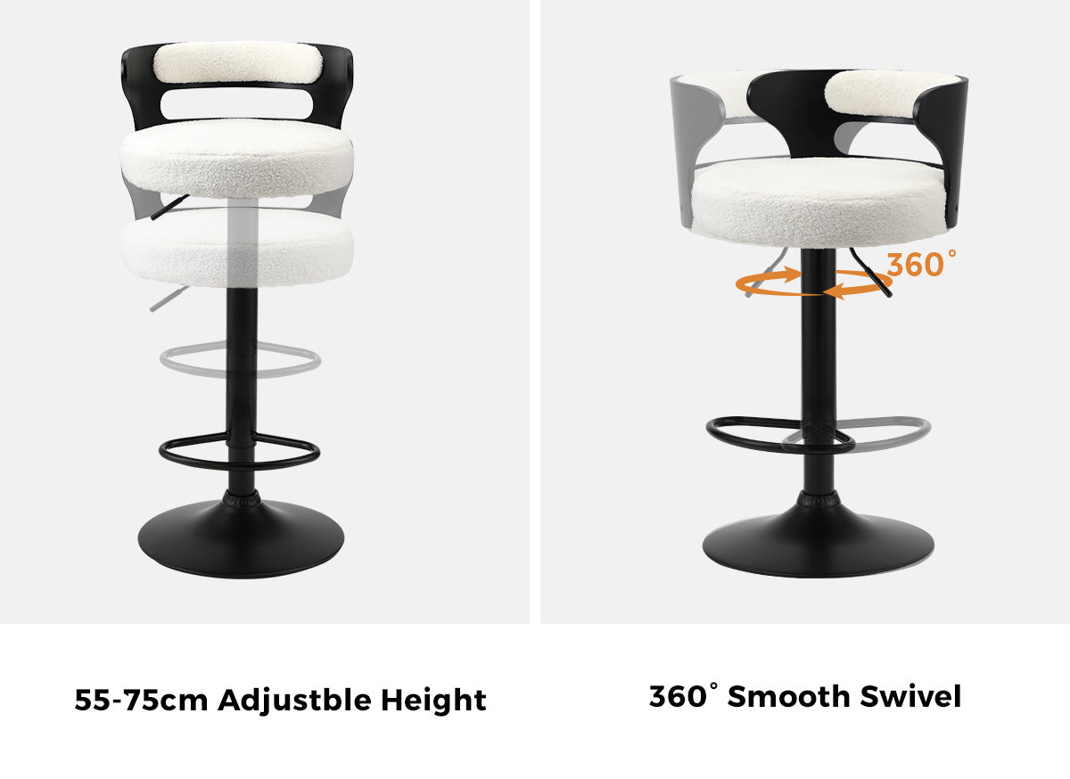 Oikiture 2x Bar Stools Kitchen Gas Lift Swivel Chairs Stool Wooden Boucle White - Sunyee
