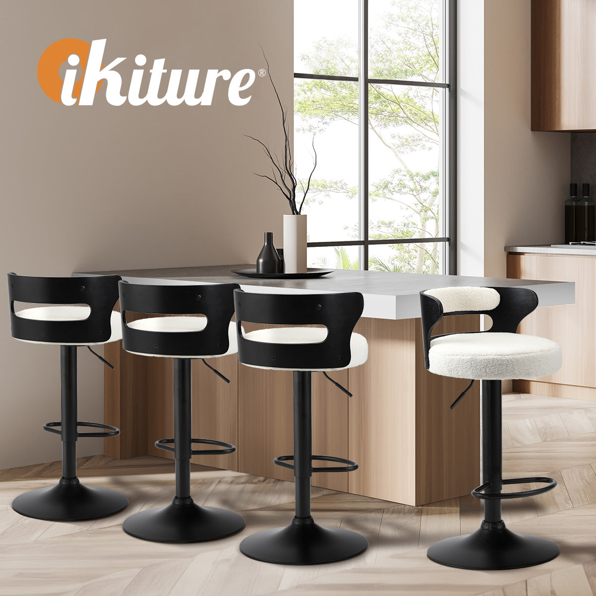 Oikiture 2x Bar Stools Kitchen Gas Lift Swivel Chairs Stool Wooden Boucle White - Sunyee