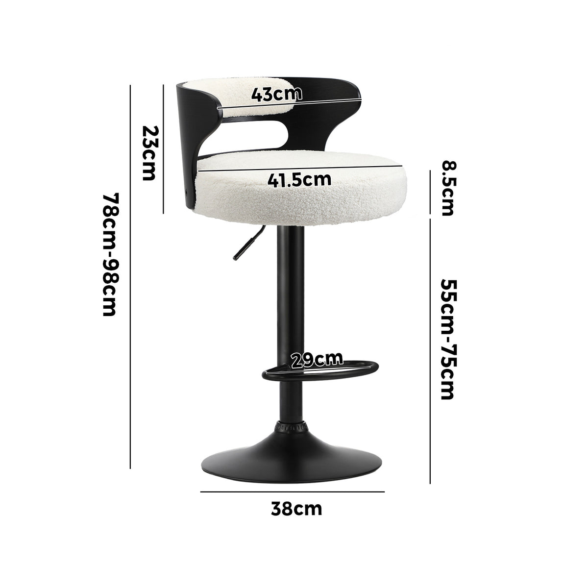 Oikiture 2x Bar Stools Kitchen Gas Lift Swivel Chairs Stool Wooden Boucle White - Sunyee