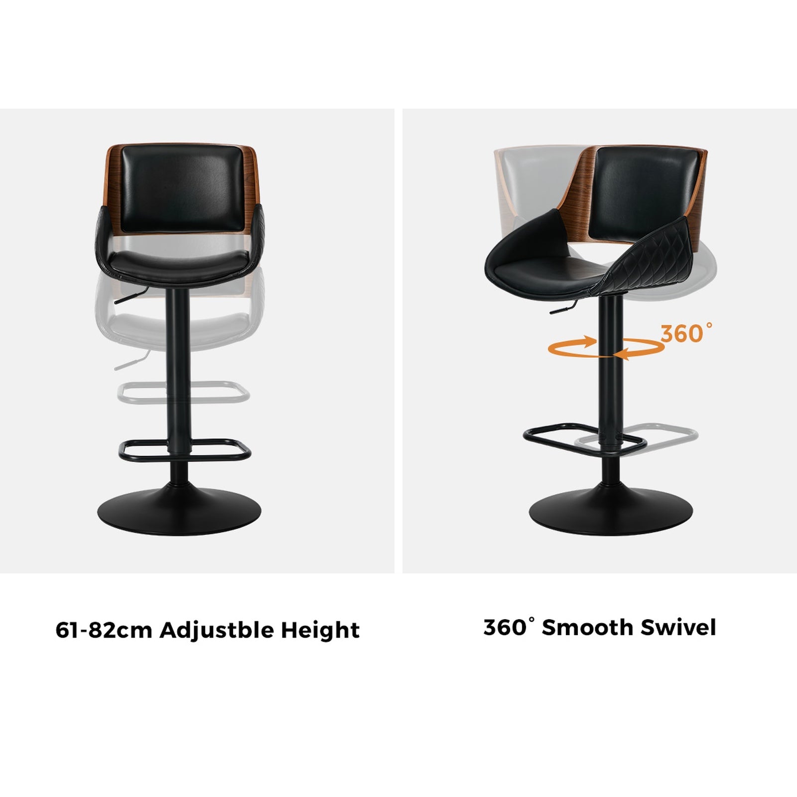 Oikiture 2x Bar Stools Kitchen Dining Chairs Swivel Gas Lift Stool Leather Black