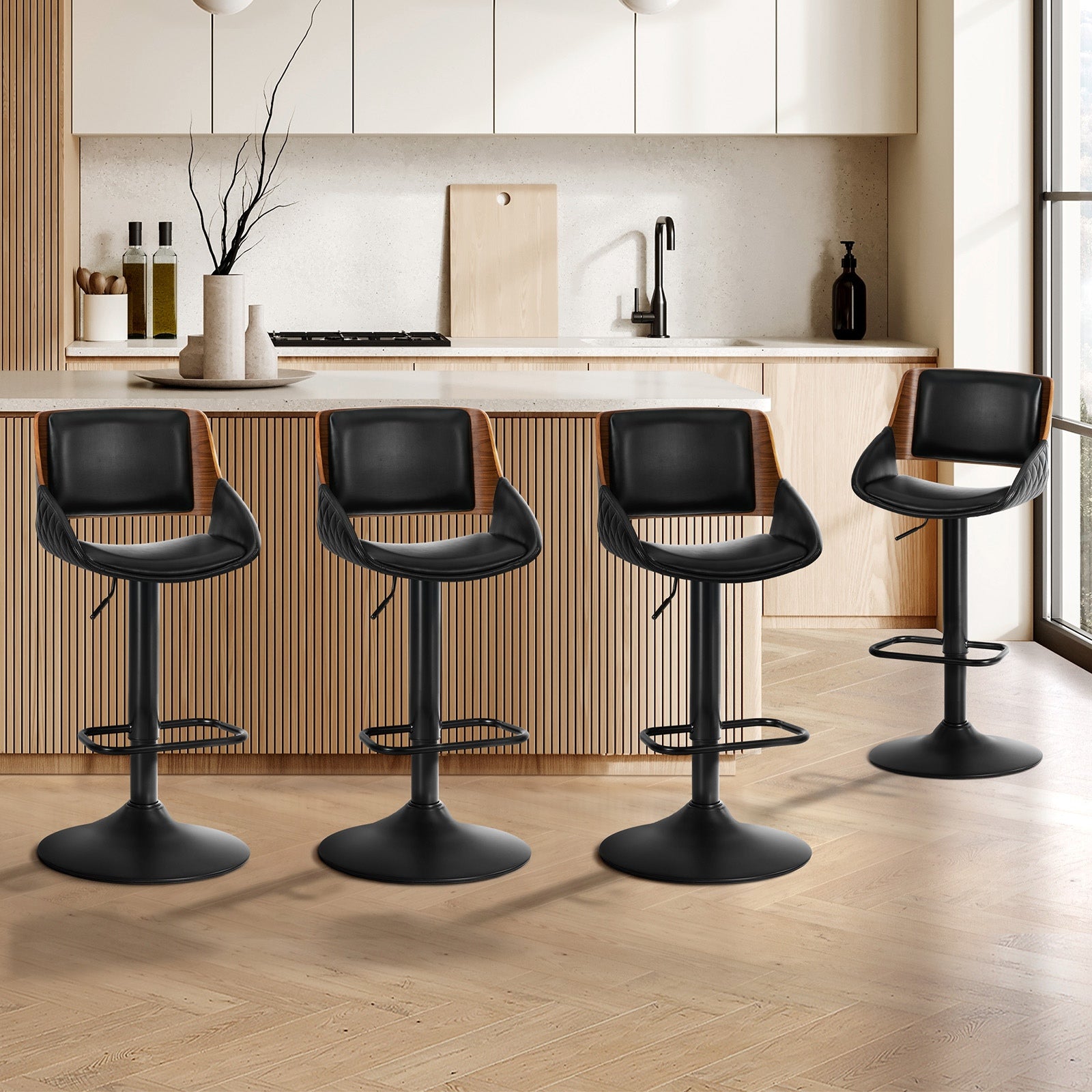 Oikiture 4x Bar Stools Kitchen Dining Chairs Swivel Gas Lift Stool Leather Black