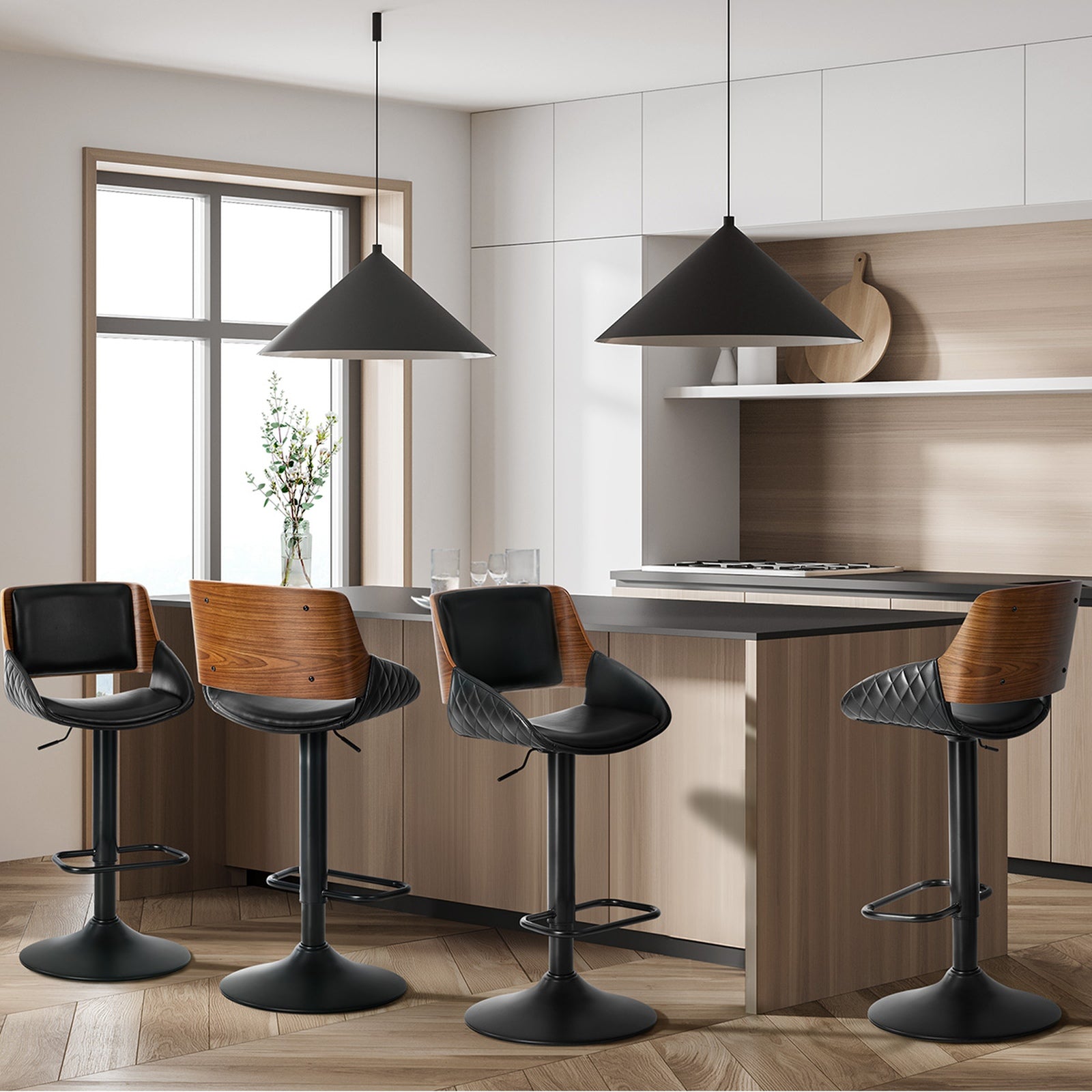 Oikiture 4x Bar Stools Kitchen Dining Chairs Swivel Gas Lift Stool Leather Black