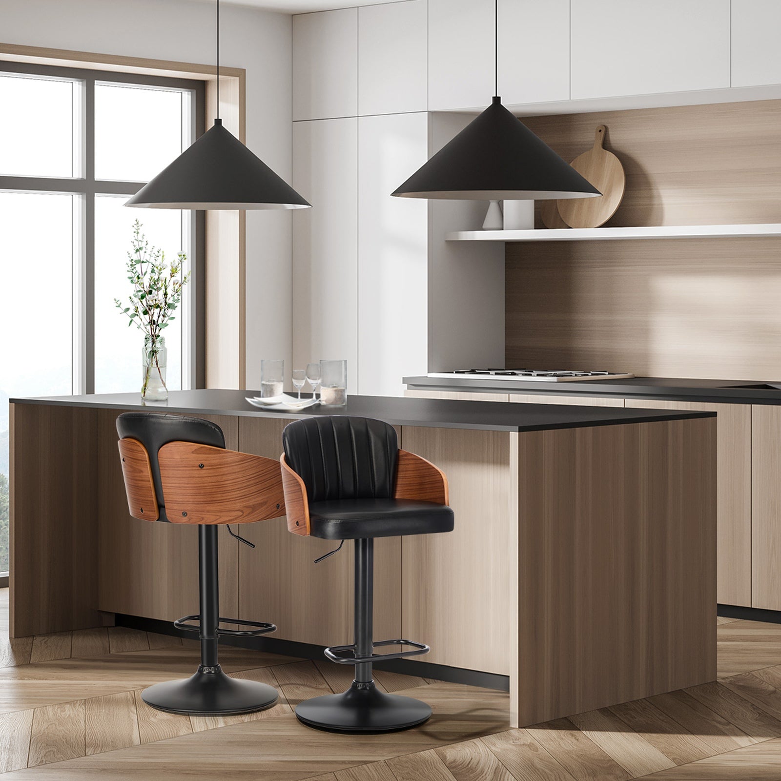 Oikiture 2x Bar Stools Adjustable Counter Height Stool Swivel Leather Black - Sunyee
