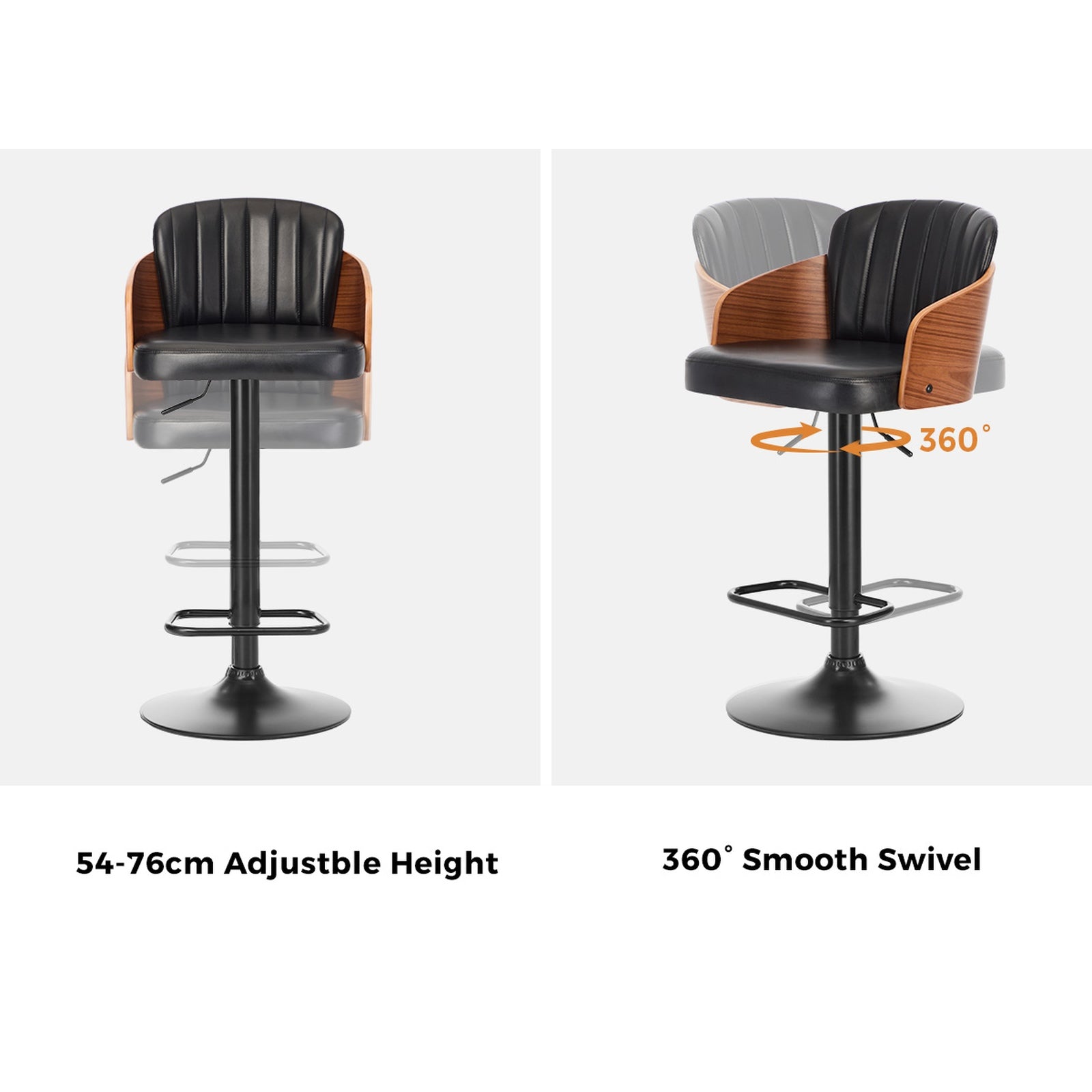 Oikiture 2x Bar Stools Adjustable Counter Height Stool Swivel Leather Black - Sunyee