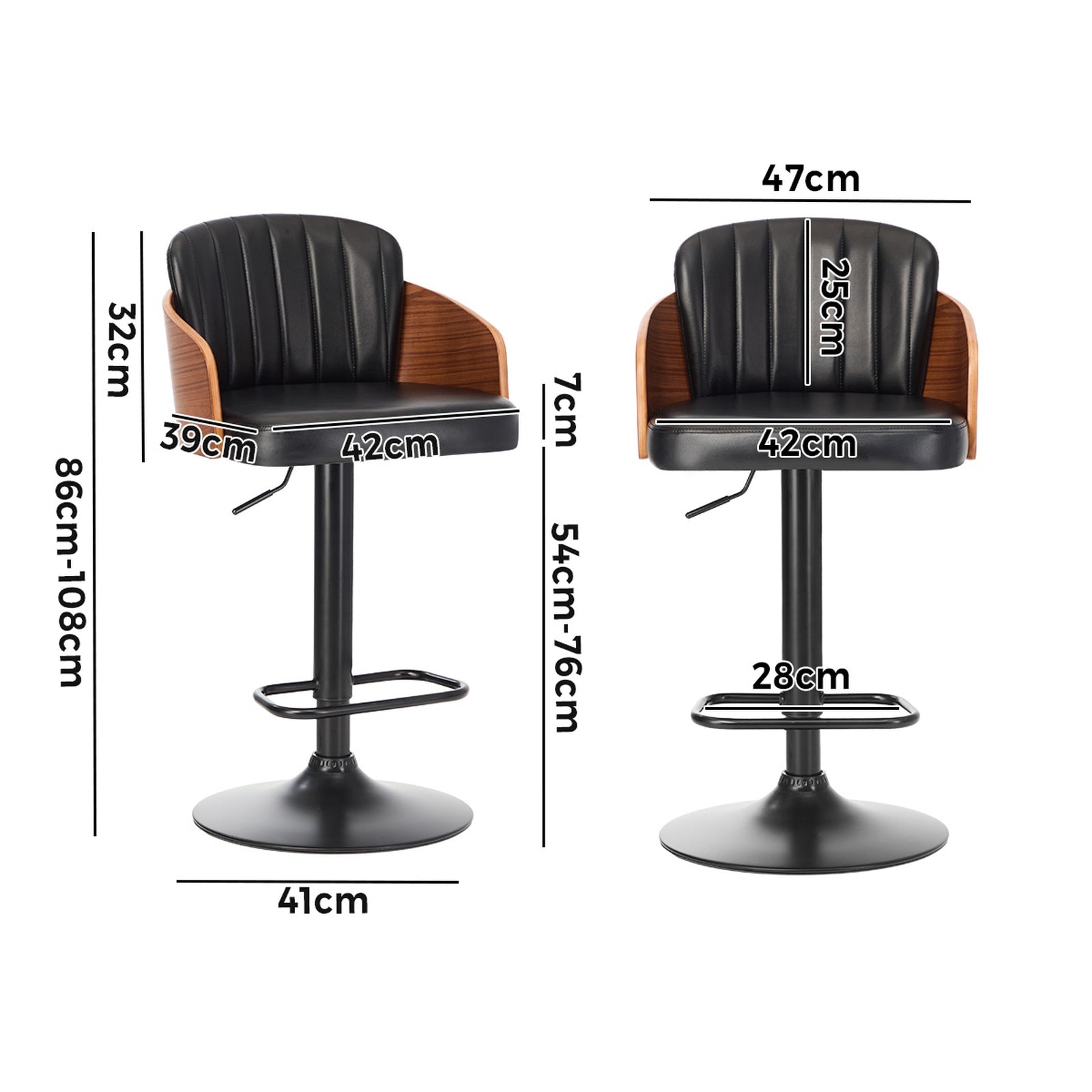 Oikiture 2x Bar Stools Adjustable Counter Height Stool Swivel Leather Black - Sunyee