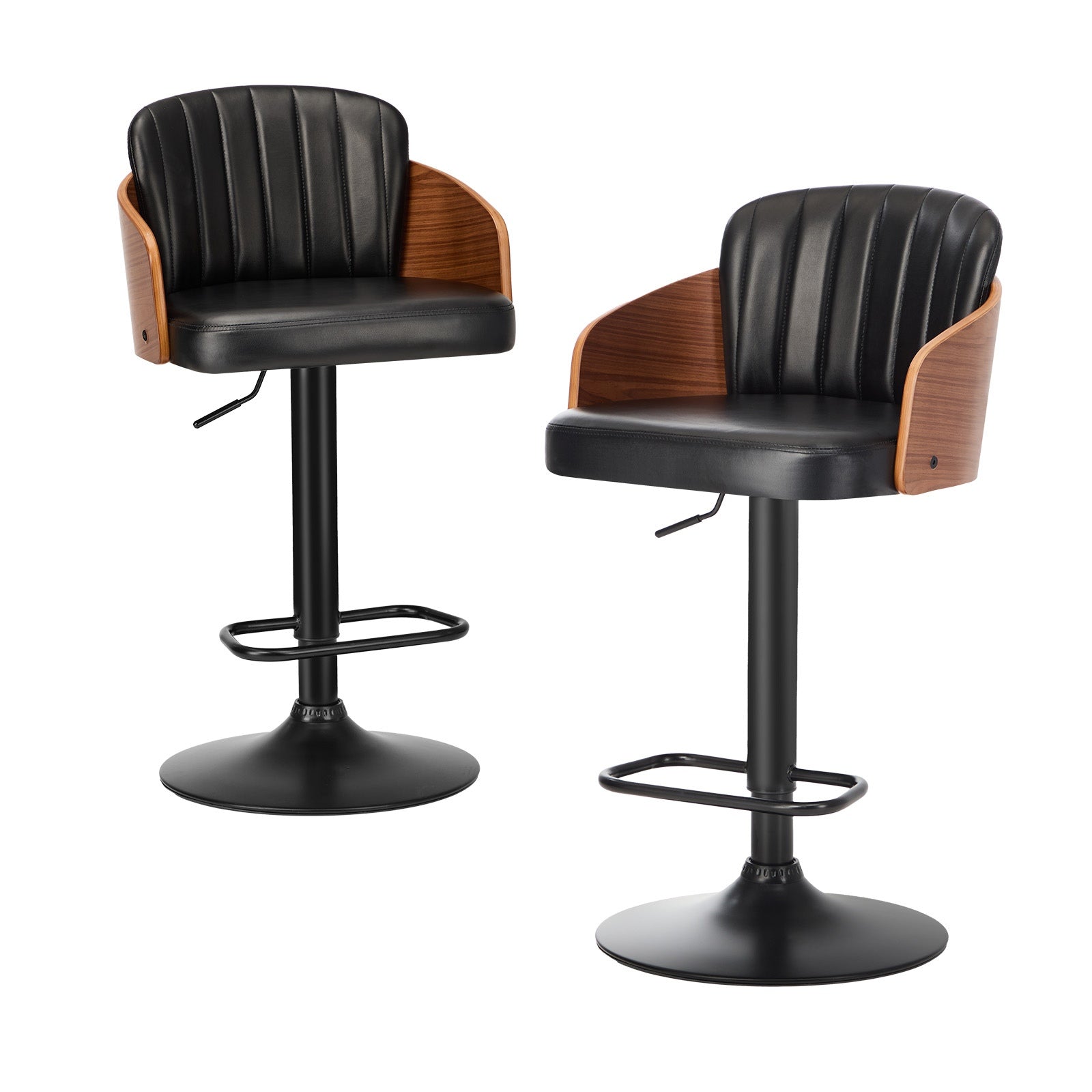 Oikiture 2x Bar Stools Adjustable Counter Height Stool Swivel Leather Black - Sunyee