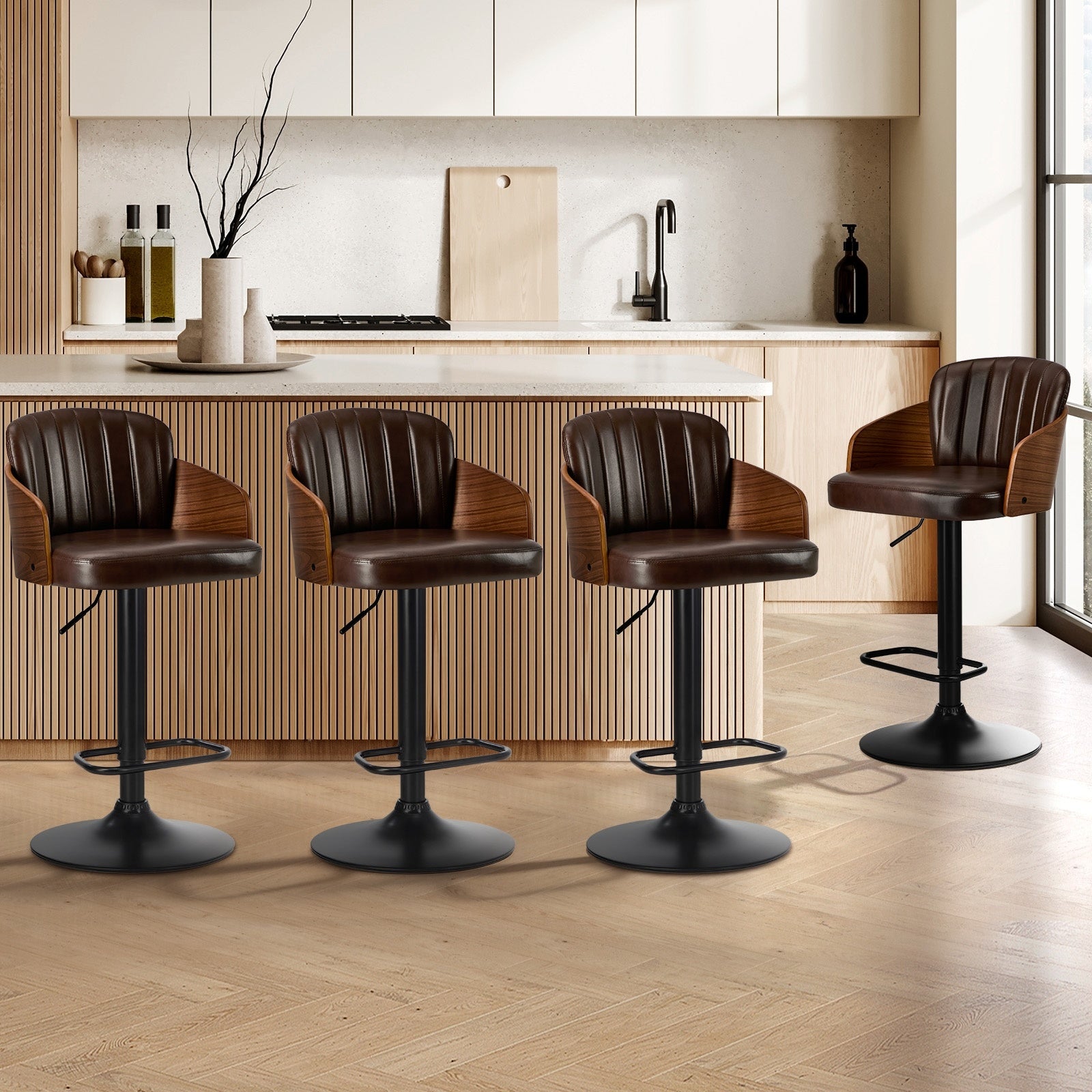 Oikiture 4x Bar Stools Adjustable Counter Height Stool Swivel Leather Brown - Sunyee