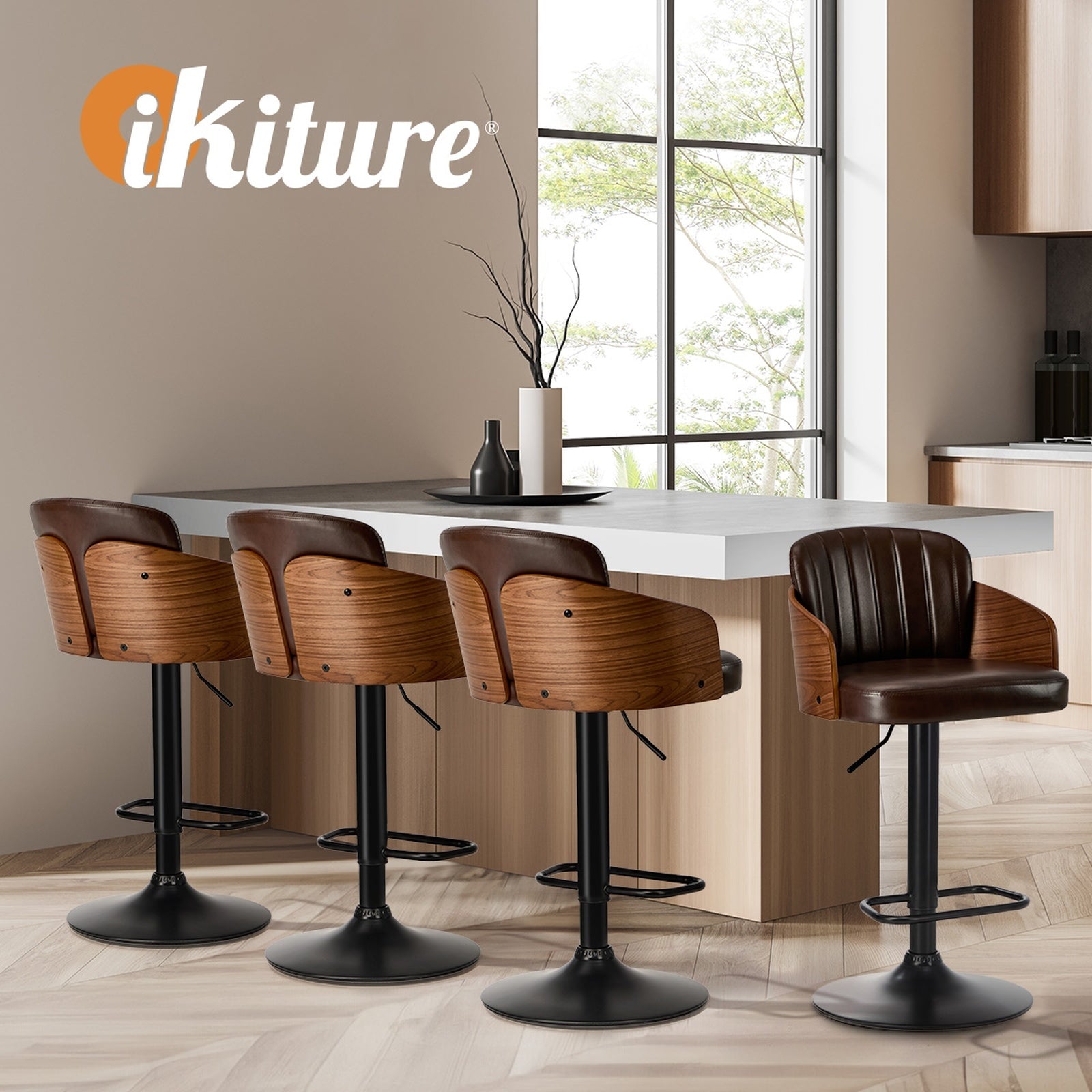 Oikiture 4x Bar Stools Adjustable Counter Height Stool Swivel Leather Brown - Sunyee
