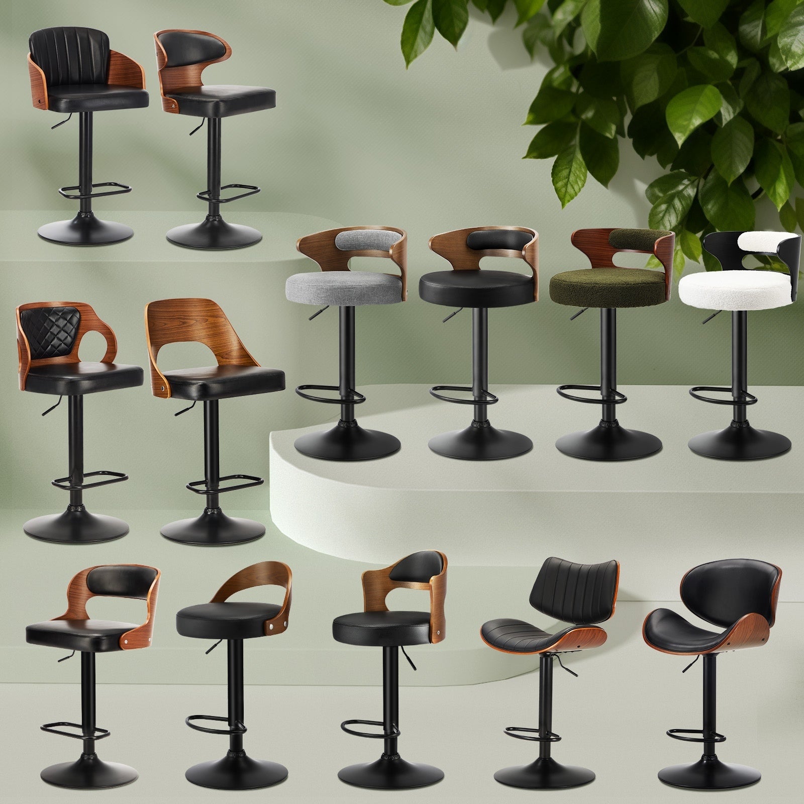 Oikiture Bar Stools Gas Lift Kitchen Dining Chair Stool Swivel PU Leather x2/x4 - Sunyee