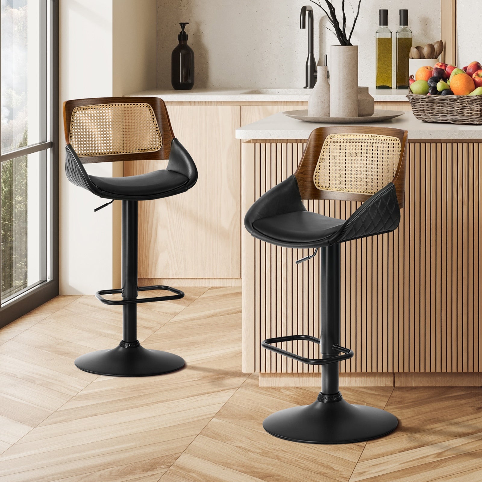Oikiture 2x Bar Stools Kitchen Dining Chairs Gas Lift Stool Rattan Leather Black