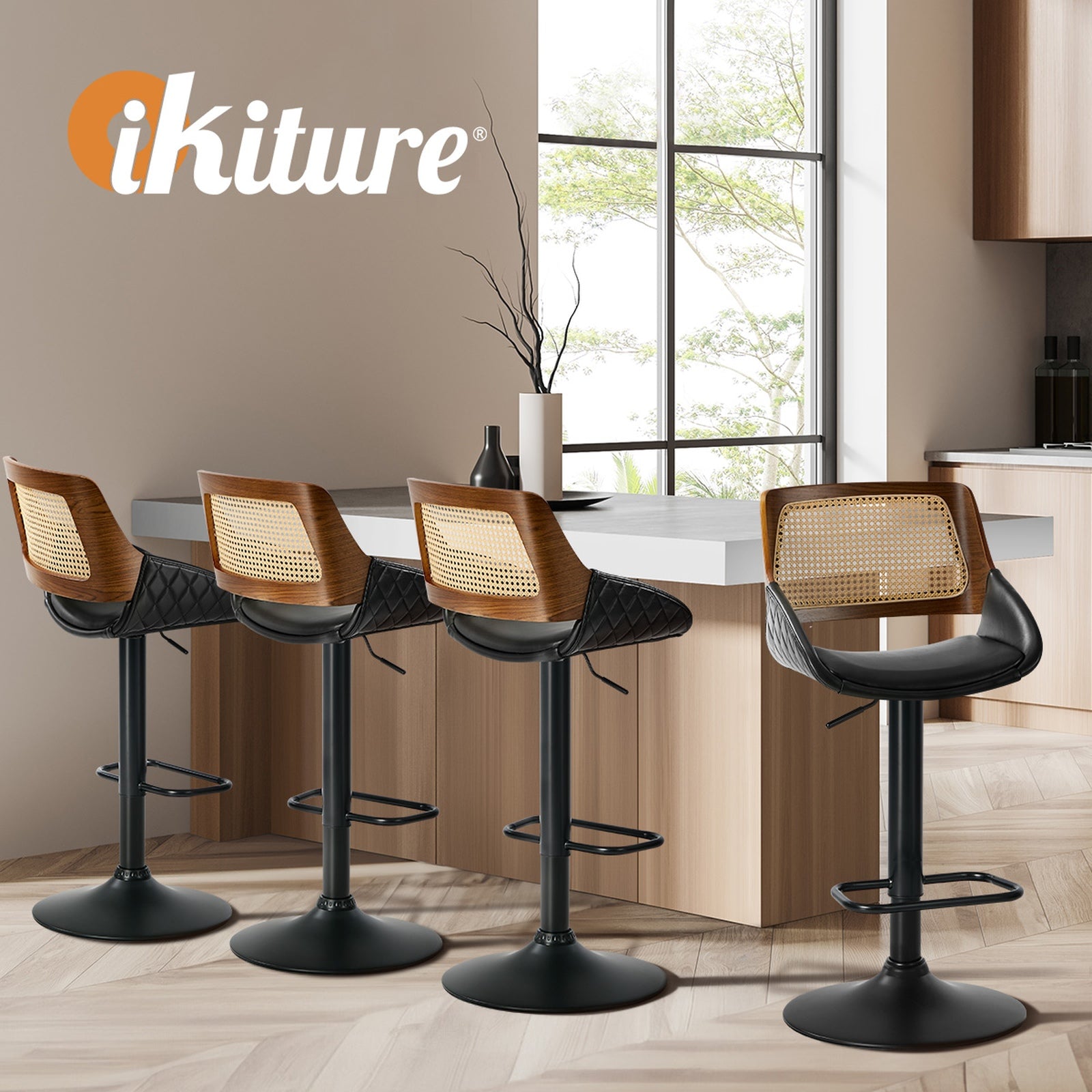 Oikiture 2x Bar Stools Kitchen Dining Chairs Gas Lift Stool Rattan Leather Black
