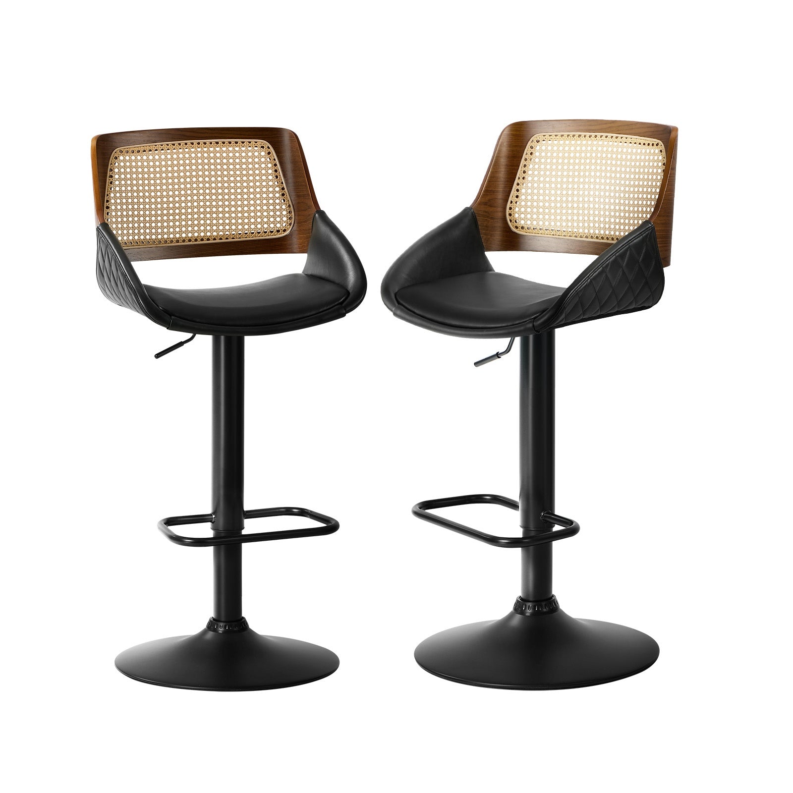 Oikiture 2x Bar Stools Kitchen Dining Chairs Gas Lift Stool Rattan Leather Black