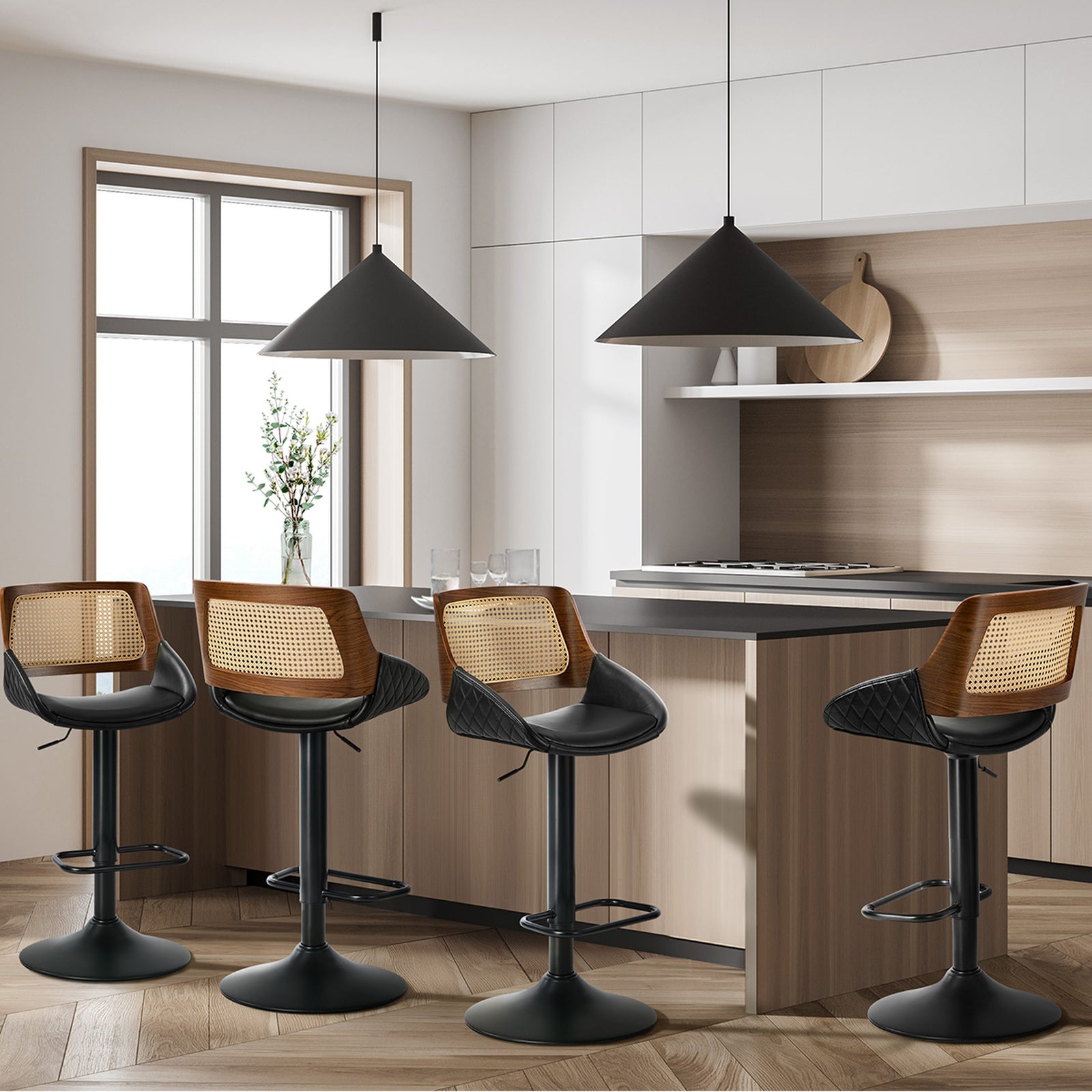 Oikiture 4x Bar Stools Kitchen Dining Chairs Gas Lift Stool Rattan Leather Black
