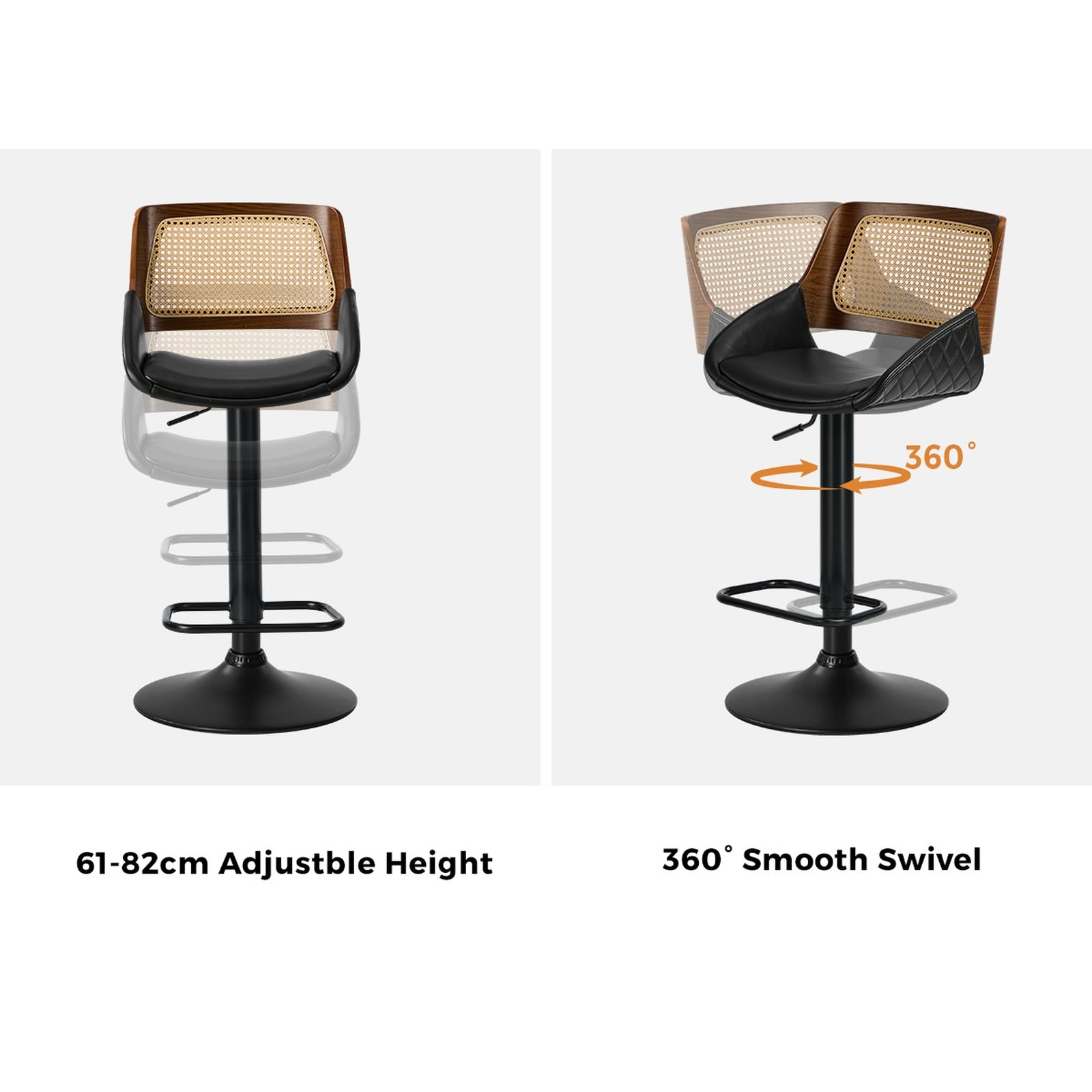 Oikiture 4x Bar Stools Kitchen Dining Chairs Gas Lift Stool Rattan Leather Black