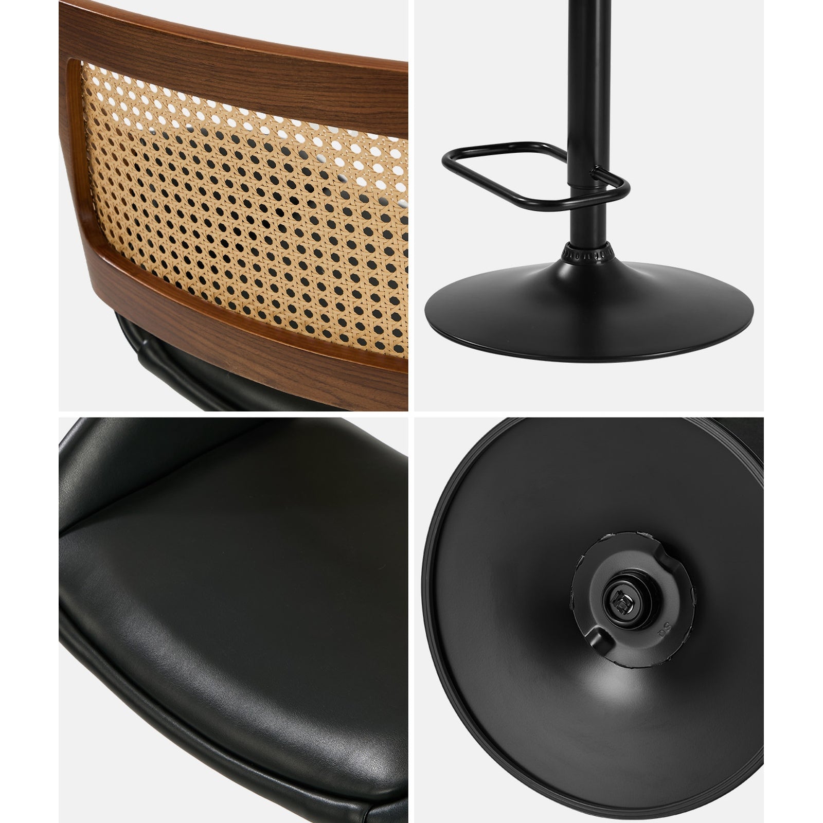 Oikiture 4x Bar Stools Kitchen Dining Chairs Gas Lift Stool Rattan Leather Black