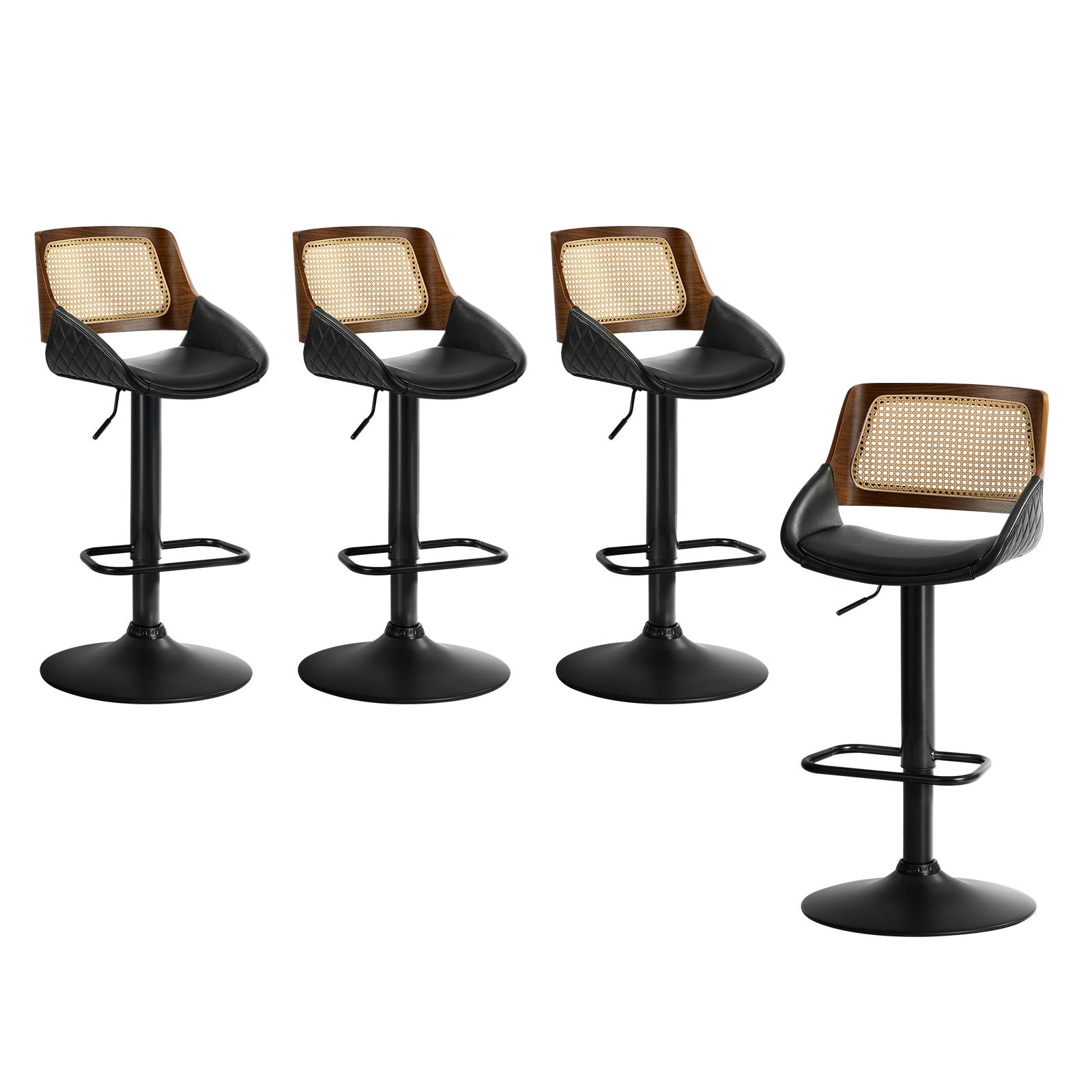 Oikiture 4x Bar Stools Kitchen Dining Chairs Gas Lift Stool Rattan Leather Black