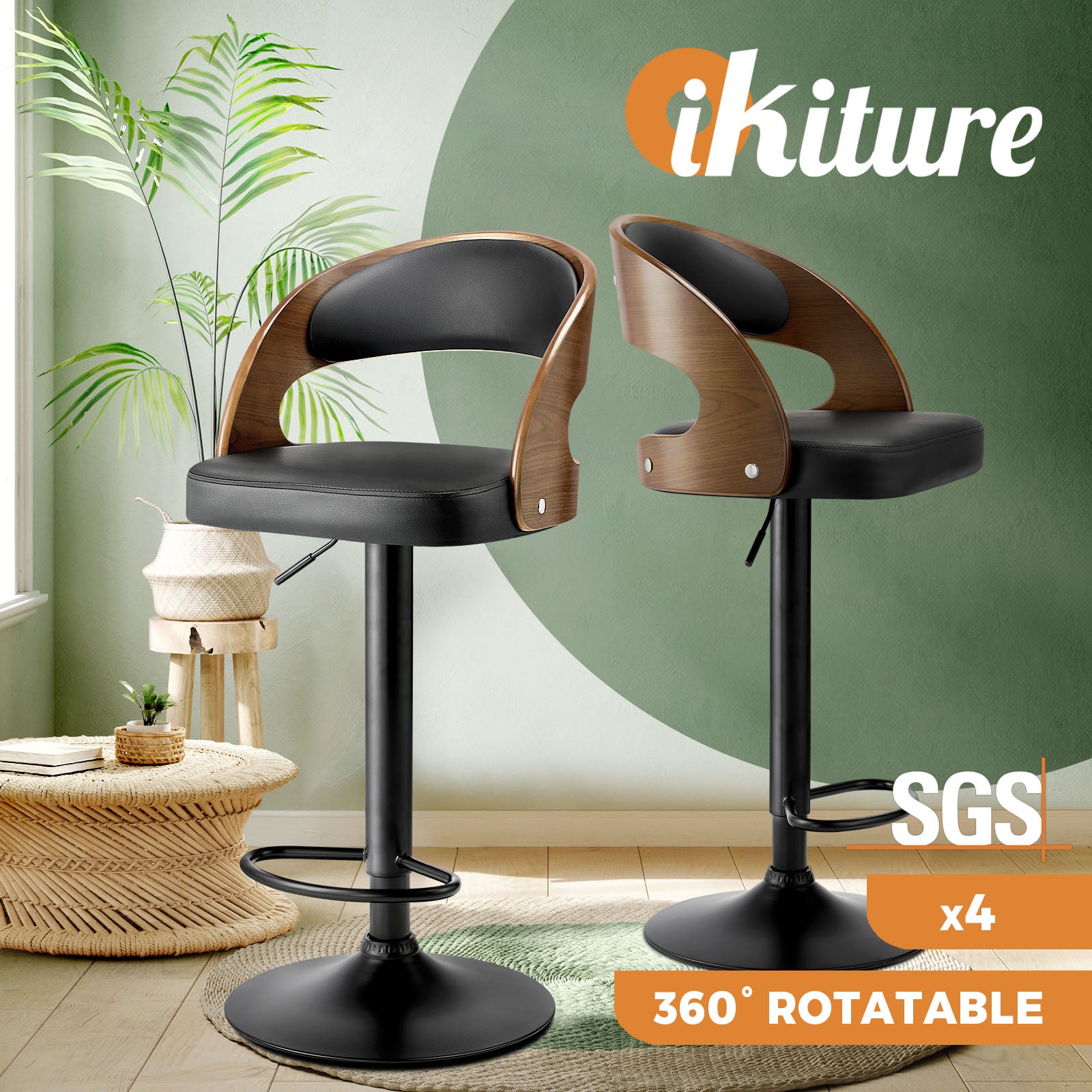 Oikiture Bar Stools Gas Lift Kitchen Dining Chair Stool Swivel PU Leather x2/x4 - Sunyee