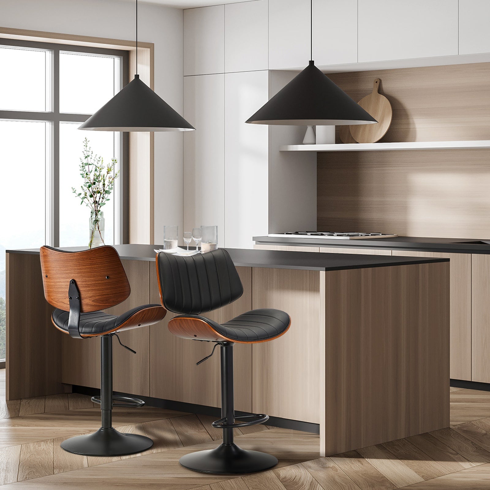 Oikiture 2x Bar Stool Kitchen Swivel Chair Wooden Leather Gas Lift Black - Sunyee