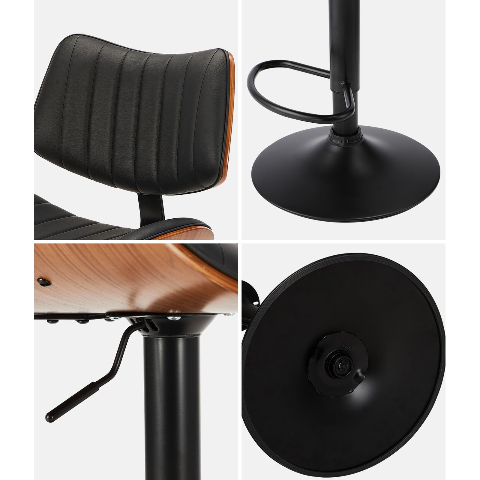 Oikiture 2x Bar Stool Kitchen Swivel Chair Wooden Leather Gas Lift Black - Sunyee