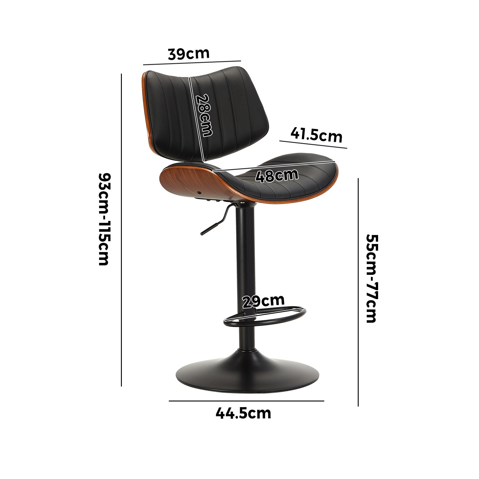 Oikiture 2x Bar Stool Kitchen Swivel Chair Wooden Leather Gas Lift Black - Sunyee