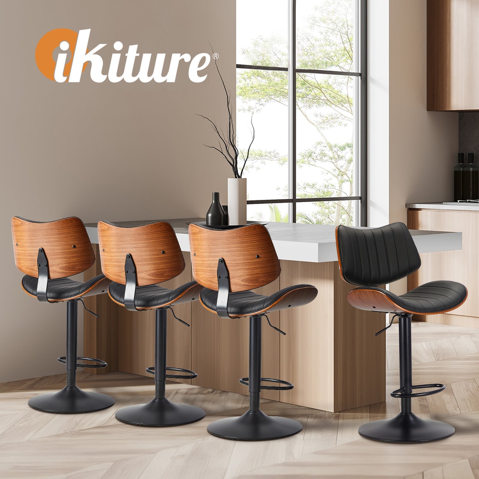 Oikiture 4x Bar Stool Kitchen Swivel Chair Wooden Leather Gas Lift - Sunyee