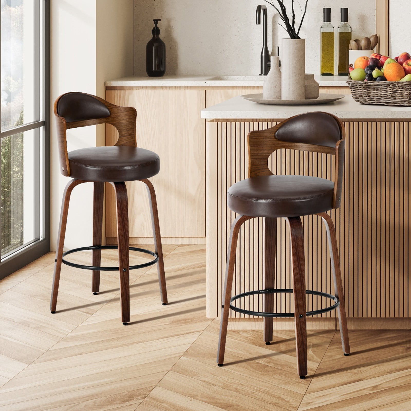 Oikiture 2x Bar Stools Kitchen Swivel Counter Chair Shell Leather Brown
