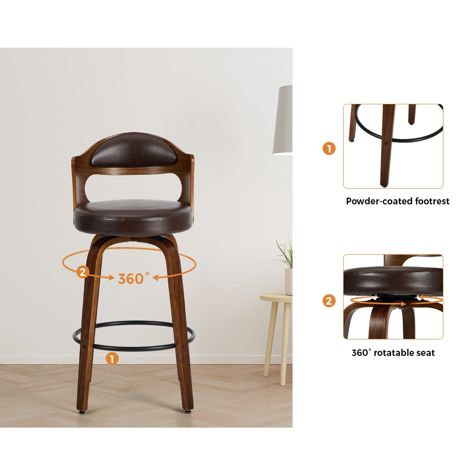 Oikiture 2x Bar Stools Kitchen Swivel Counter Chair Shell Leather Brown