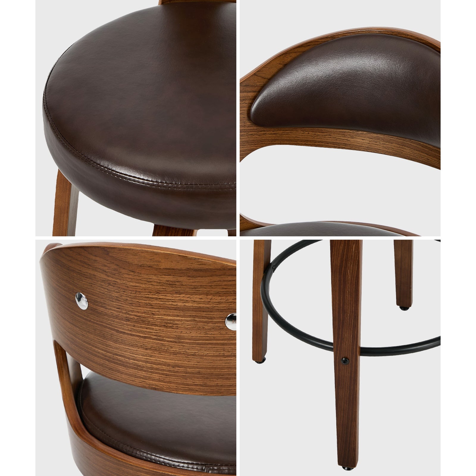 Oikiture 4x Bar Stools Kitchen Swivel Counter Chair Shell Leather Brown
