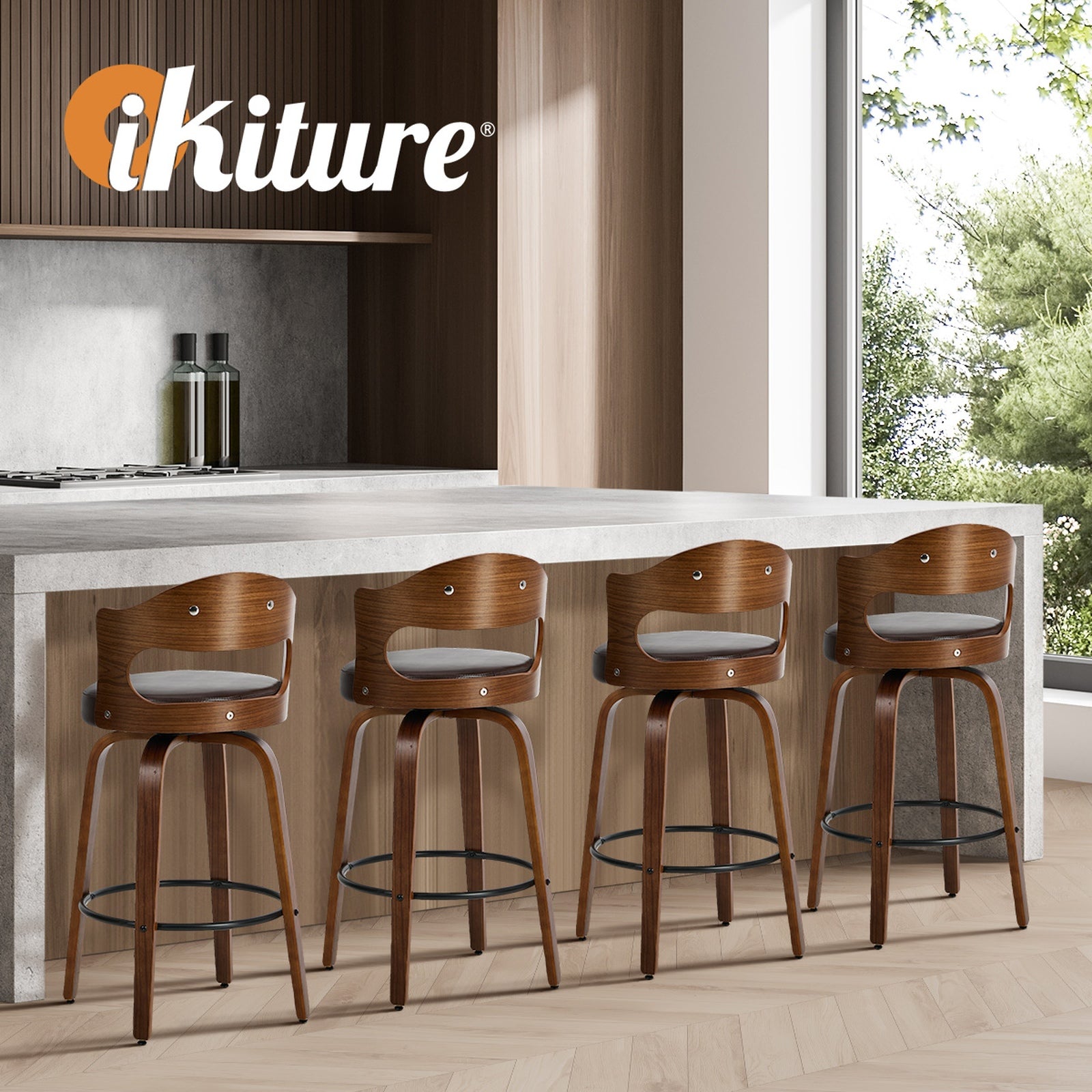 Oikiture 4x Bar Stools Kitchen Swivel Counter Chair Shell Leather Brown
