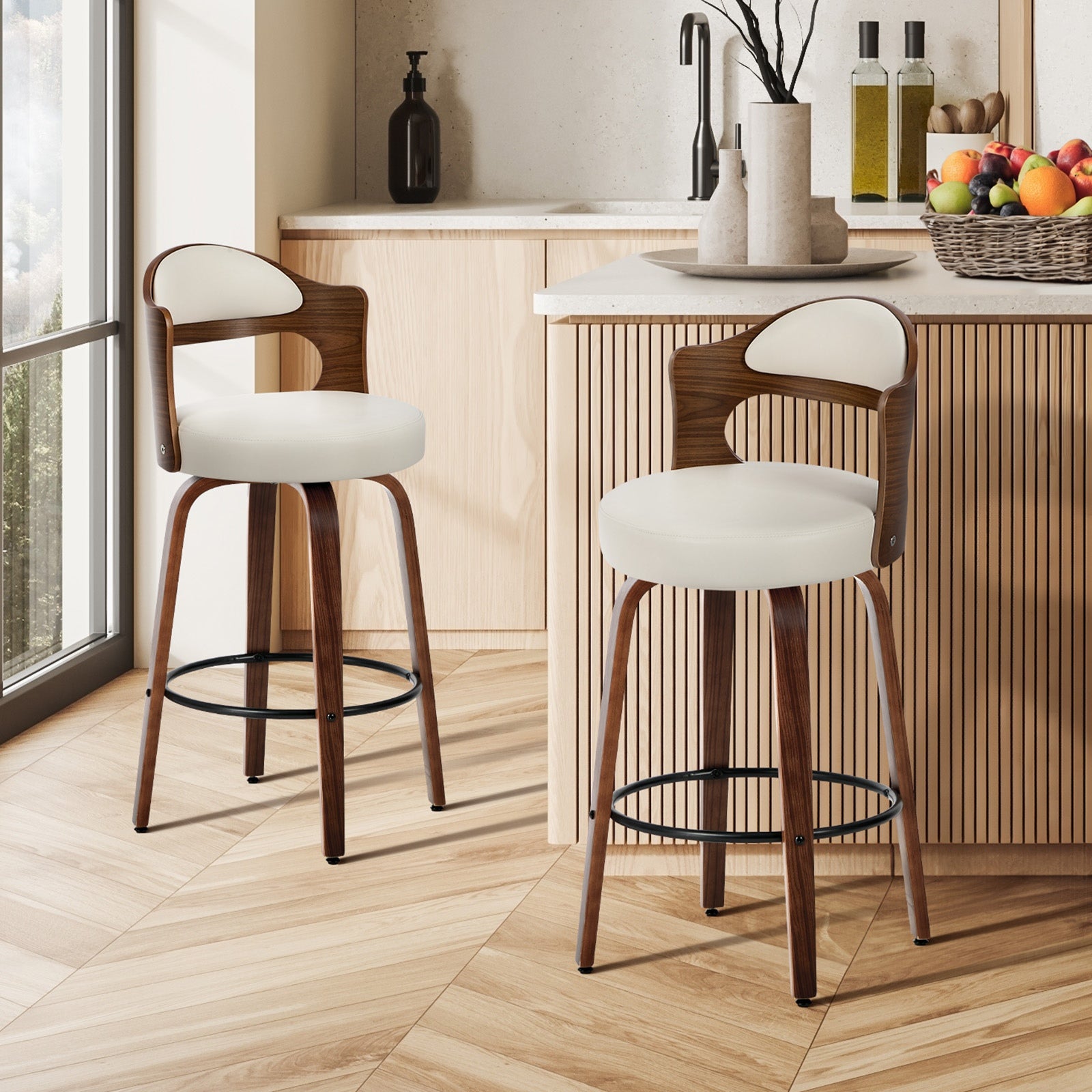 Oikiture 2x Bar Stools Kitchen Swivel Counter Chair Shell Leather White