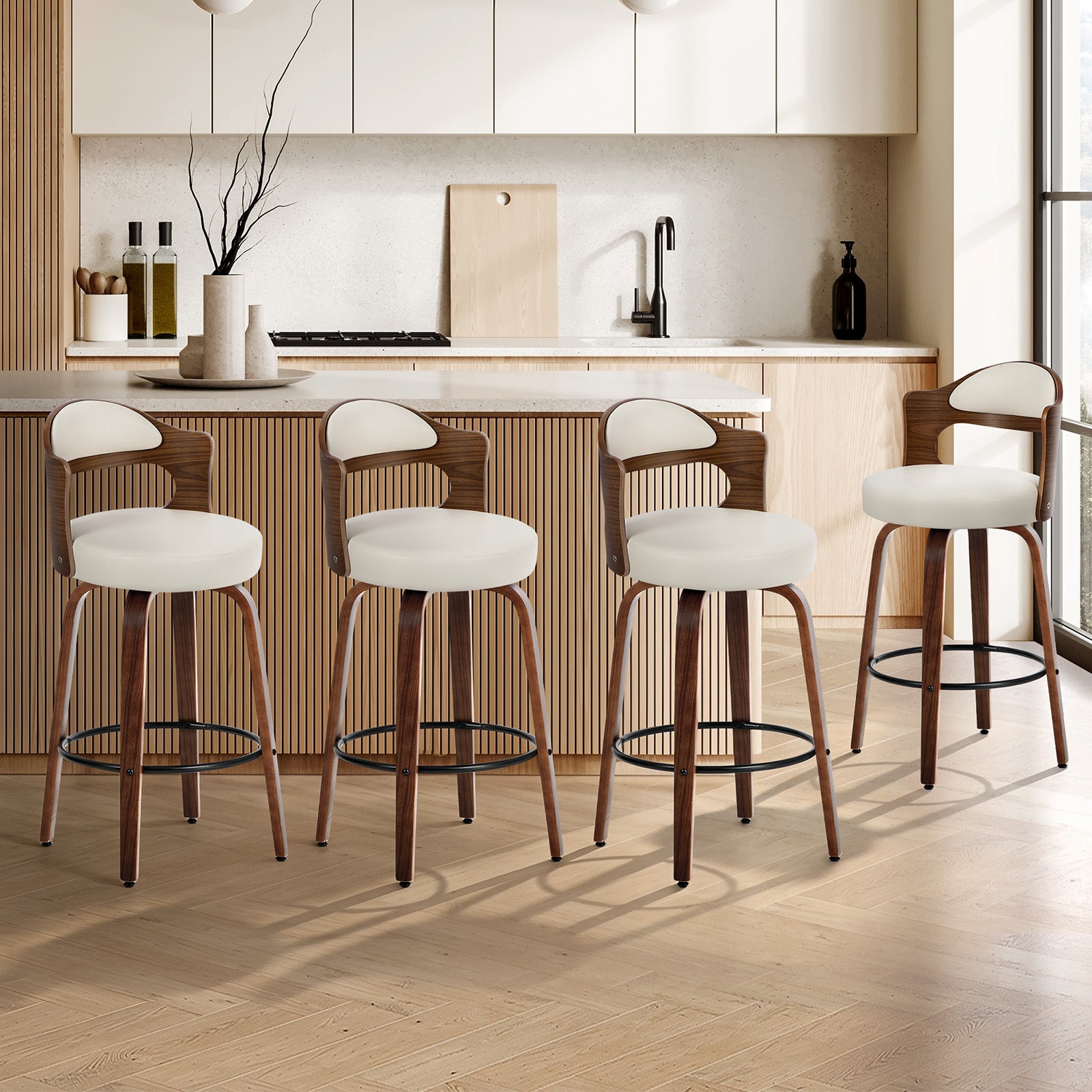 Oikiture 4x Bar Stools Kitchen Swivel Counter Chair Shell Leather White