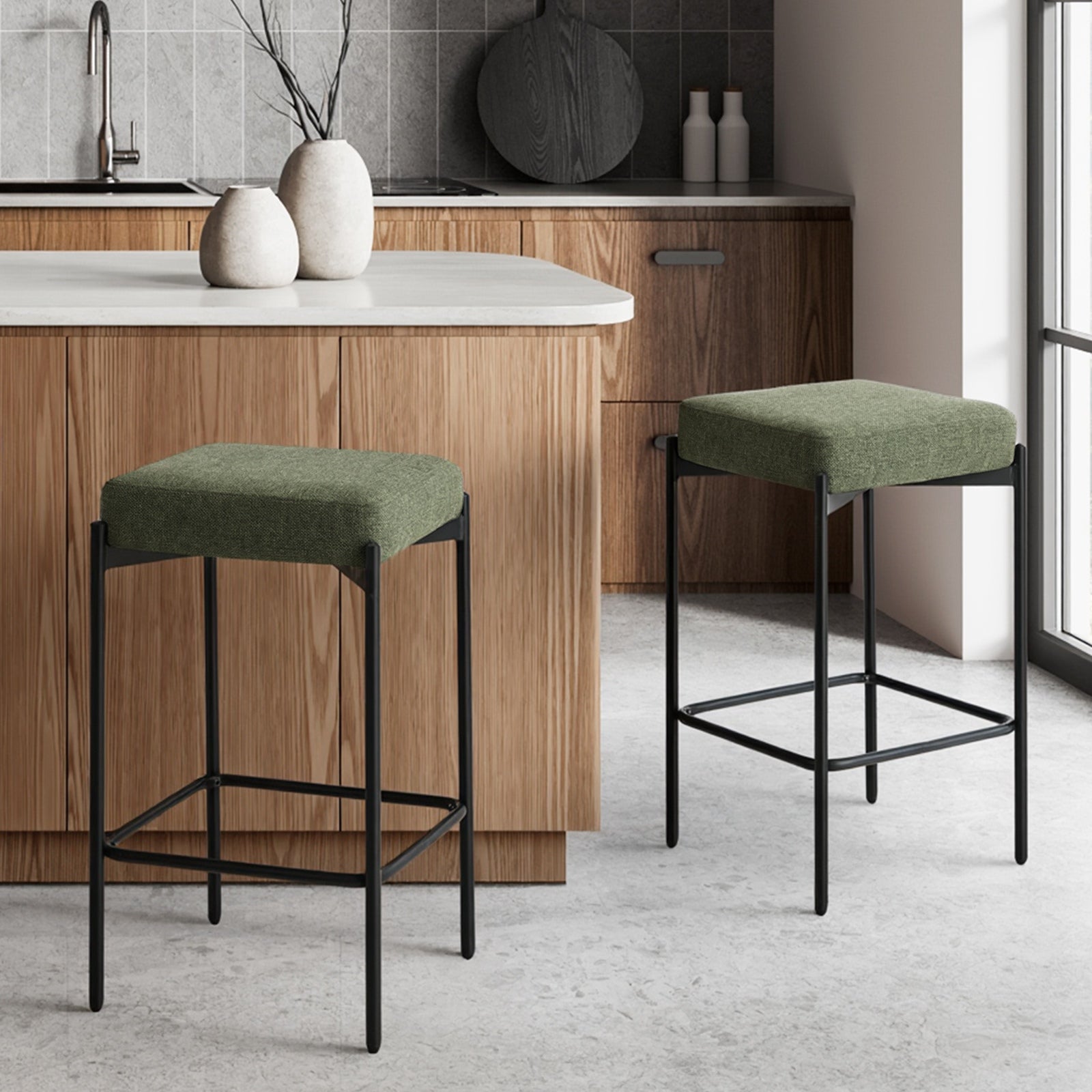 Oikiture 2x Bar Stools Kithen Counter Stool Dining Chair Linen Seat Metal Green - Sunyee
