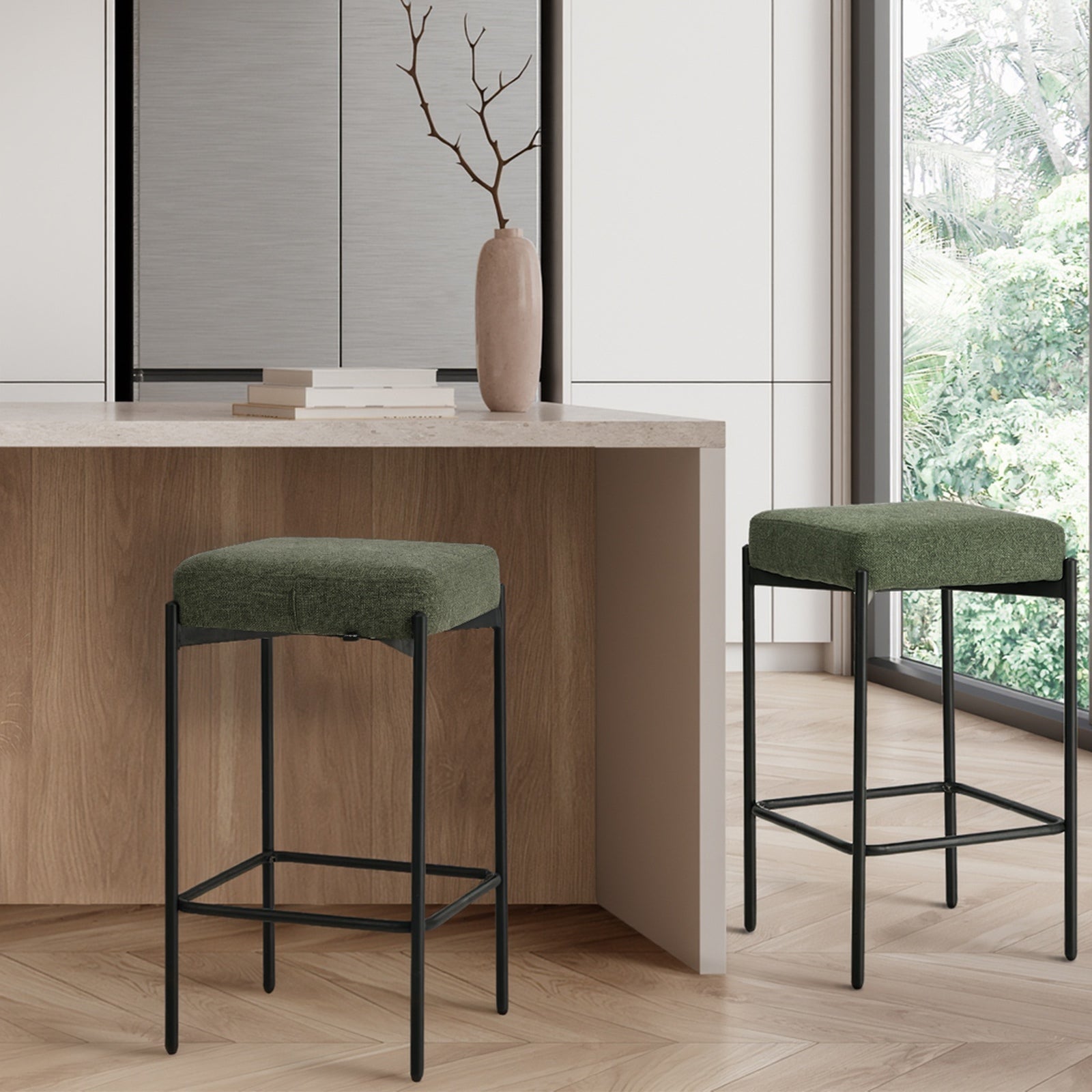 Oikiture 2x Bar Stools Kithen Counter Stool Dining Chair Linen Seat Metal Green - Sunyee