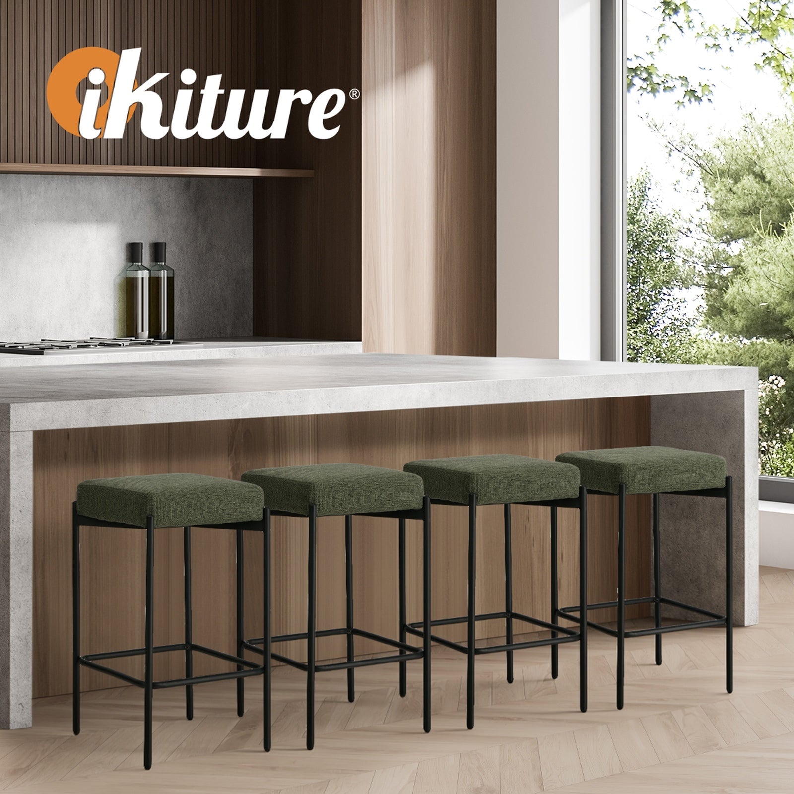 Oikiture 2x Bar Stools Kithen Counter Stool Dining Chair Linen Seat Metal Green - Sunyee